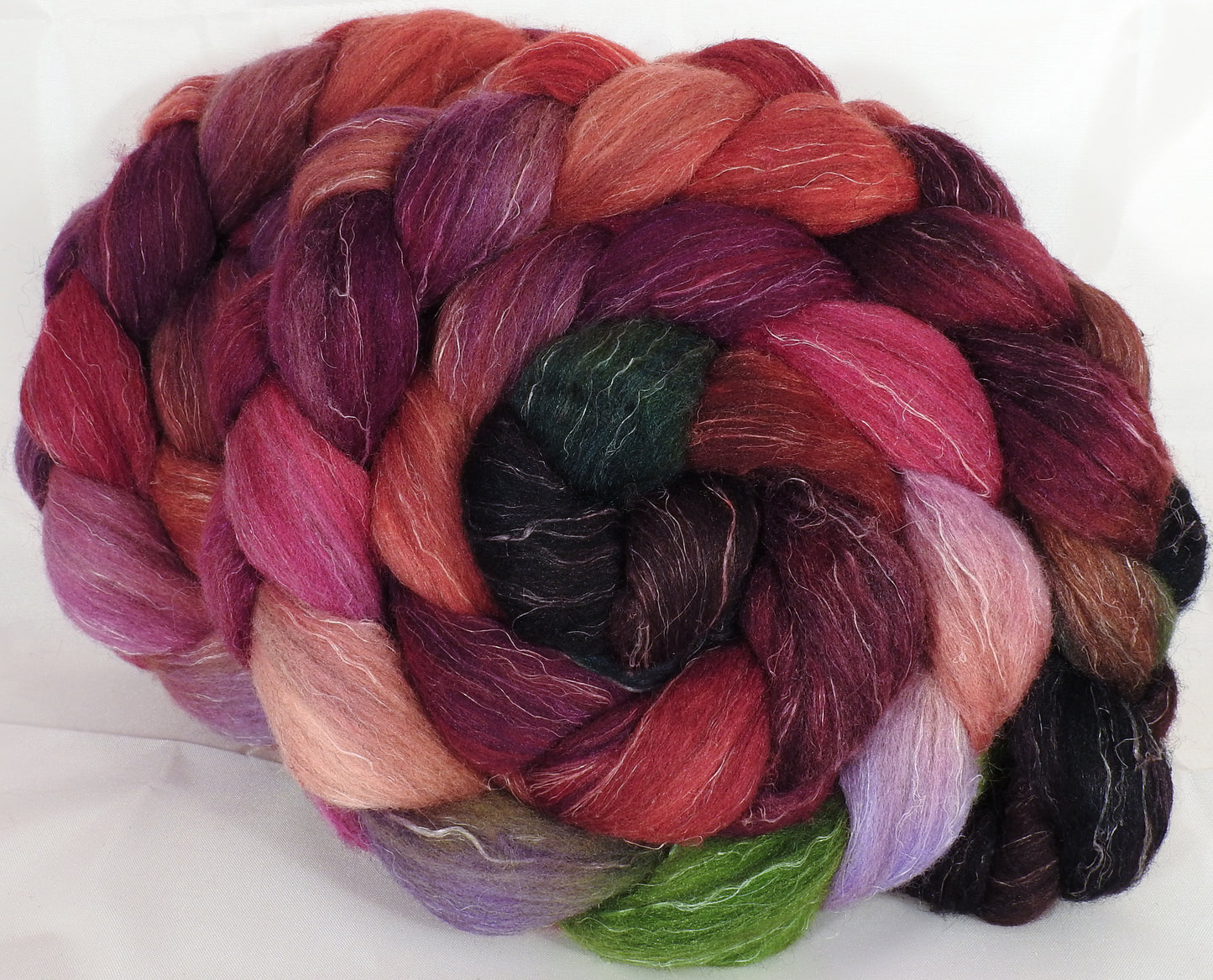 Batt in a Braid #38 - Plum Pudding -Shetland/ Falkland Merino / tussah silk/ flax (40/25/25/10) - Inglenook Fibers
