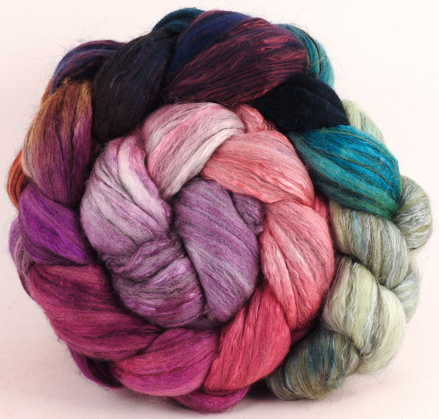 Batt in a Braid #9 -Color Me Happy -(6.2 oz.) Superfine Merino/ Mulberry Silk / Black Alpaca (50/40/10)