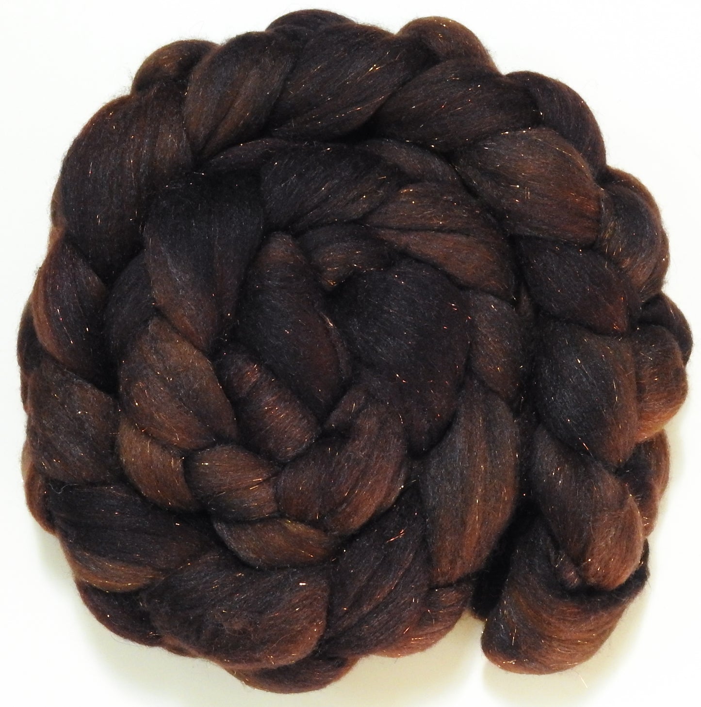 Dark Chocolate -(5.3 oz) Batt in a Braid #58-Superfine Merino/ Tussah silk/ Gold Stellina(65/25/10)