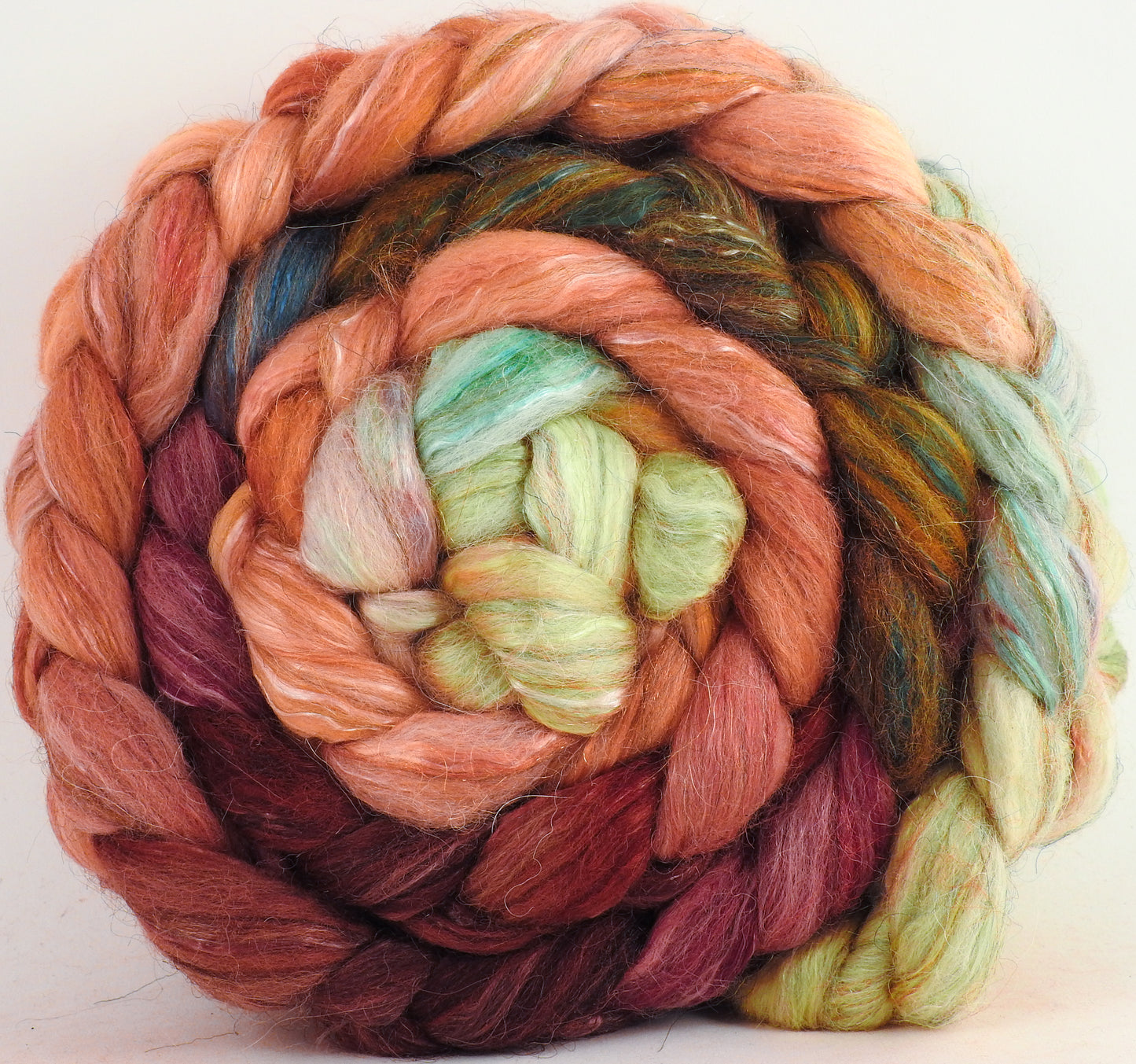 Batt in a Braid #31- Icelandic Poppies -(6.2 oz. ) Polwarth/ Mulberry Silk / Baby Alpaca / Rainbow Firestar/ Tencel( 40/25/15/10/10)