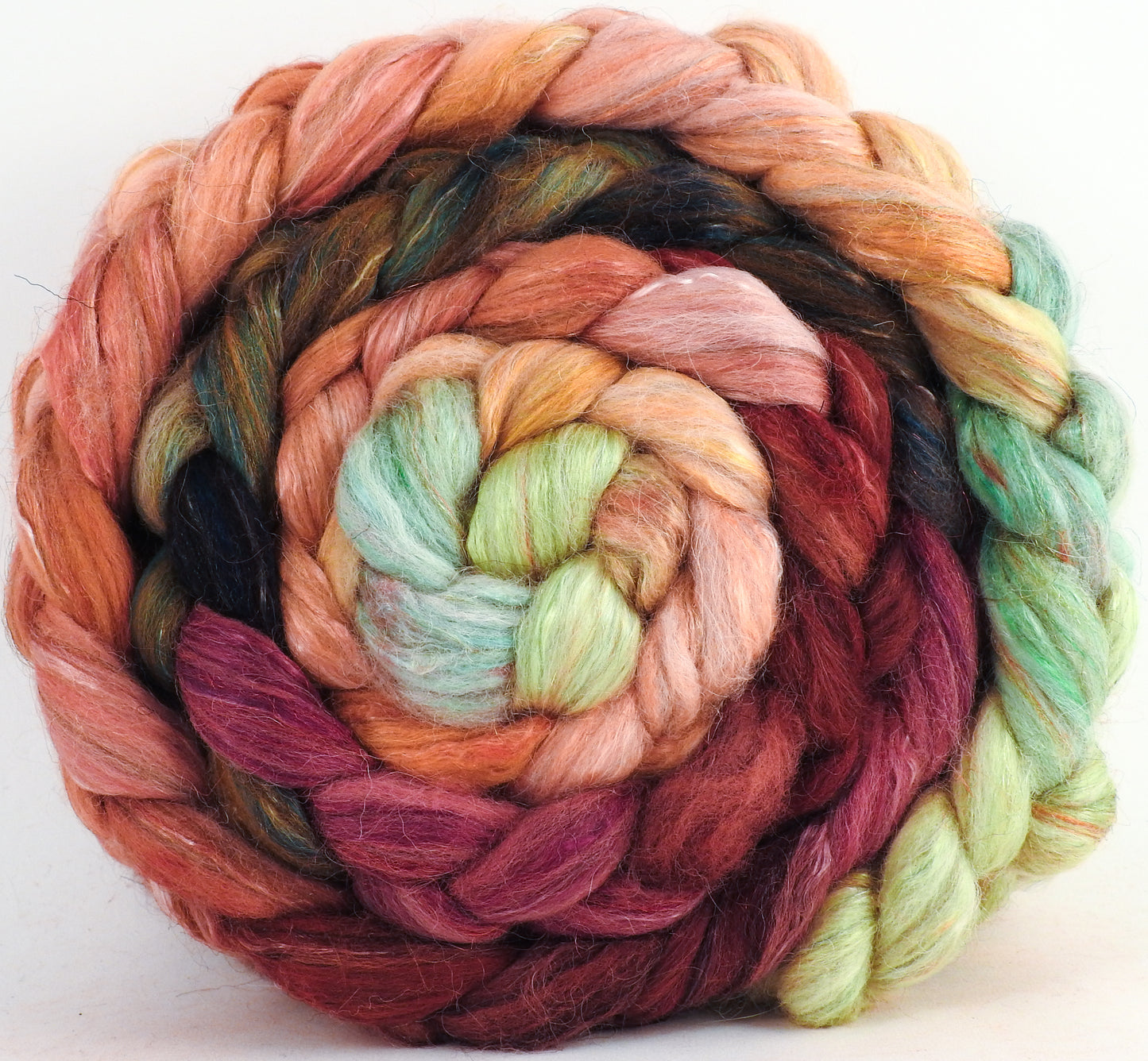 Batt in a Braid #31- Icelandic Poppies -(6.2 oz. ) Polwarth/ Mulberry Silk / Baby Alpaca / Rainbow Firestar/ Tencel( 40/25/15/10/10)