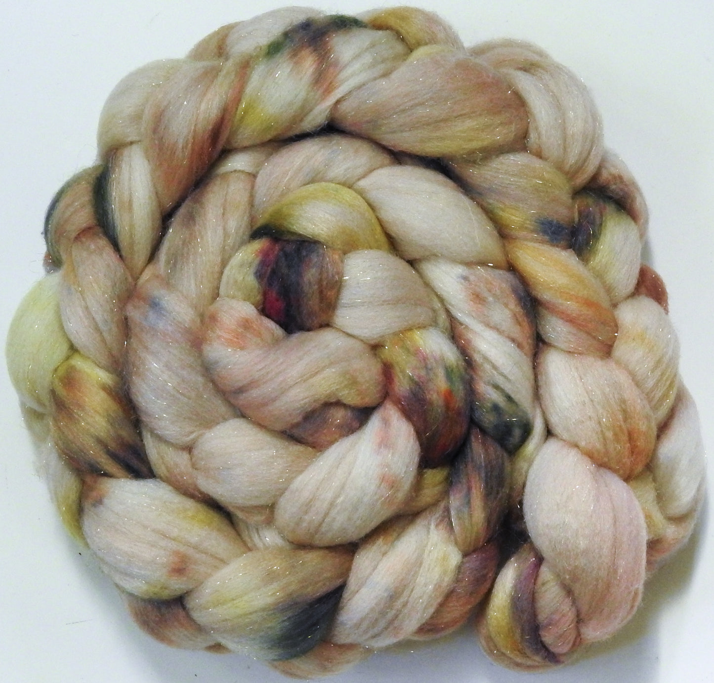 Meringue -(5.1 oz) Batt in a Braid #58-Superfine Merino/ Tussah silk/ Gold Stellina(65/25/10)