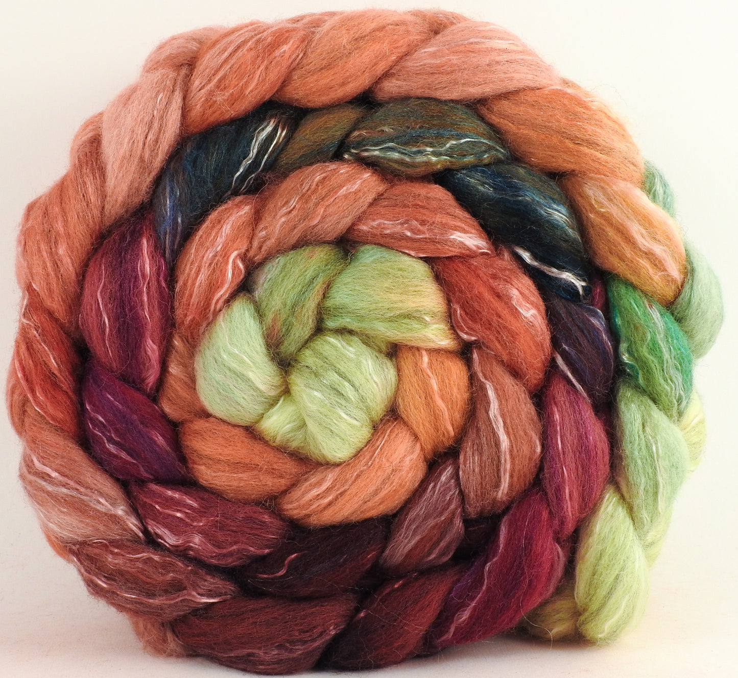 Batt in a Braid #17 - Icelandic Poppies -(5.5 oz.) Grey Corriedale/ Tussah silk/ Tencel (50/25/25)