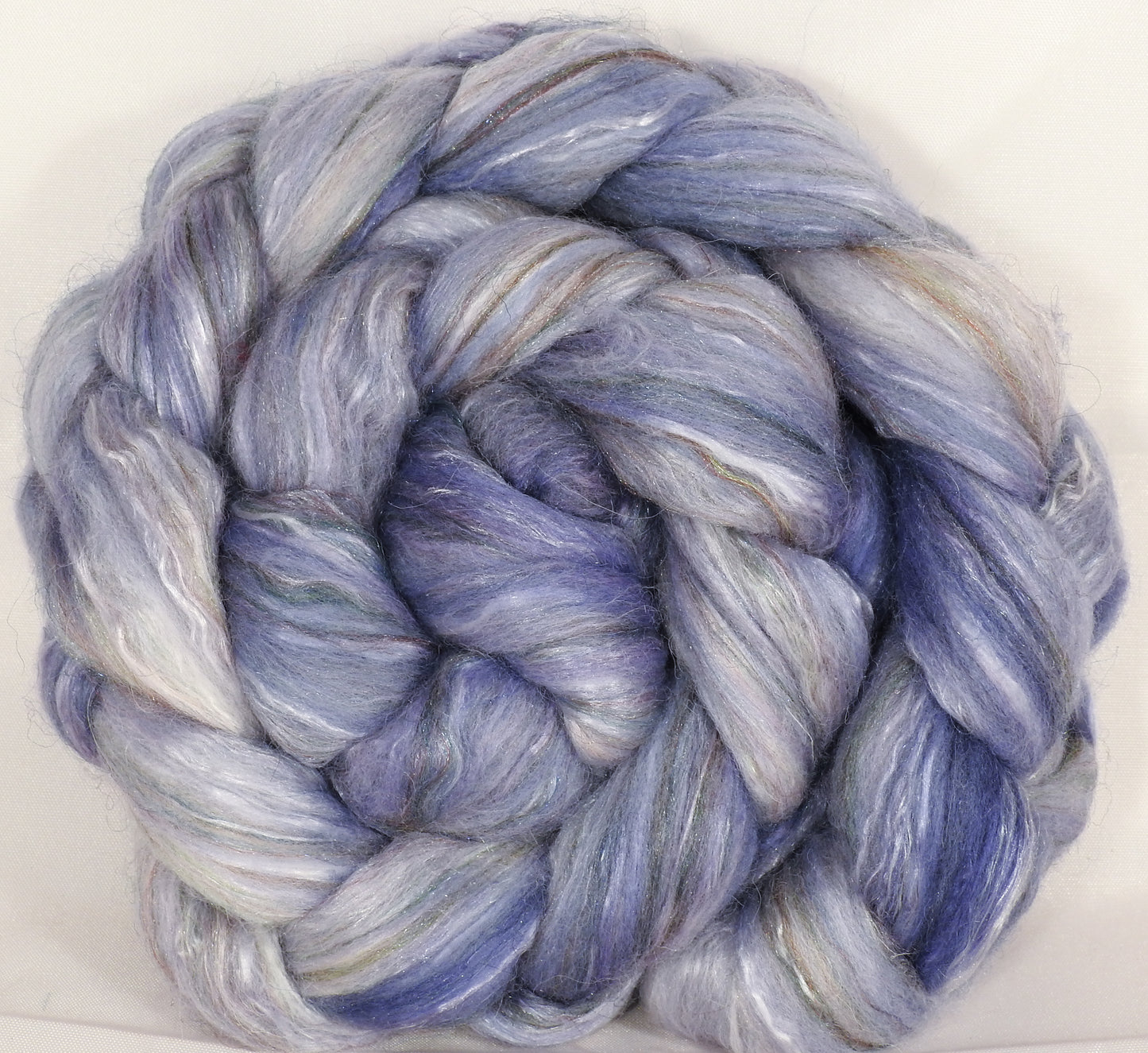 Batt in a Braid #31-Silver Lining -( 5.7 oz. ) - Polwarth/ Mulberry Silk / Baby Alpaca / Rainbow Firestar/ Tencel( 40/25/15/10/10) - Inglenook Fibers