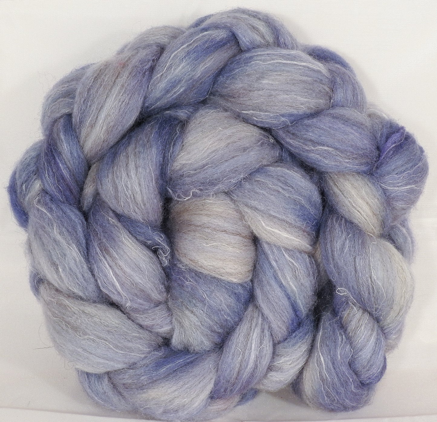 Batt in a Braid #38 -Silver Lining - (5.5 oz.)Shetland/ Falkland Merino / tussah silk/ flax (40/25/25/10) - Inglenook Fibers