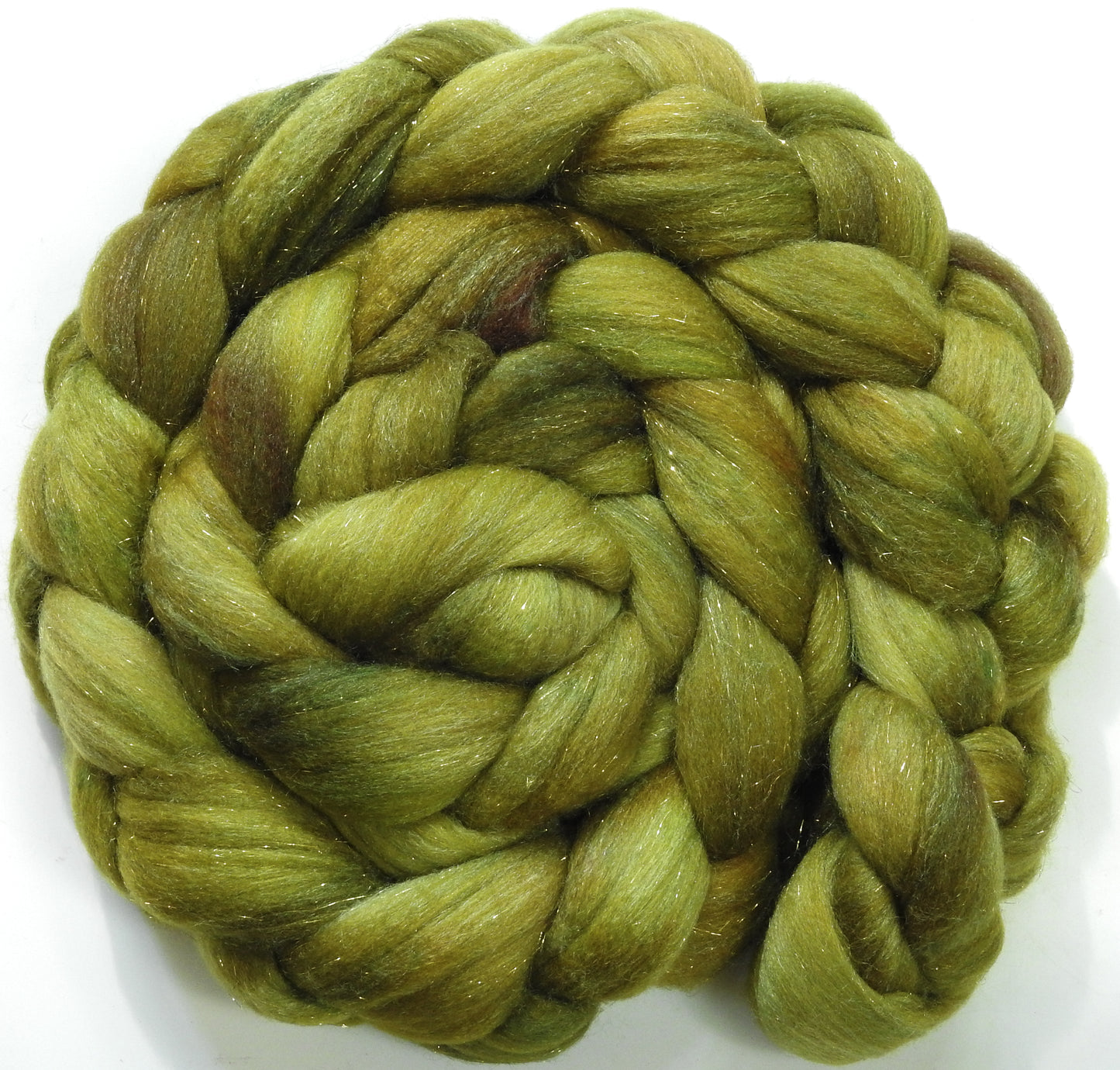 Sphagnum Moss- Batt in a Braid #58-(5.3 oz)- Superfine Merino/ Tussah silk/ Gold Stellina(65/25/10)