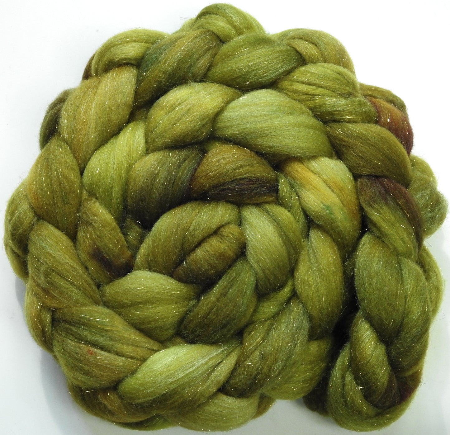 Sphagnum Moss- Batt in a Braid #58-(5.3 oz)- Superfine Merino/ Tussah silk/ Gold Stellina(65/25/10)