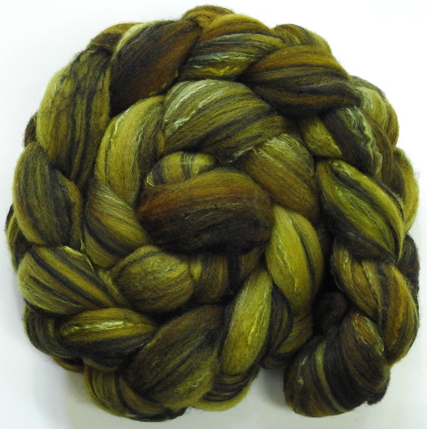 Sphagnum Moss - 5.5 oz - Batt in a Braid #30- Charollais/ Rambouillet / Black tussah /Mulberry silk (40/40/10/10)