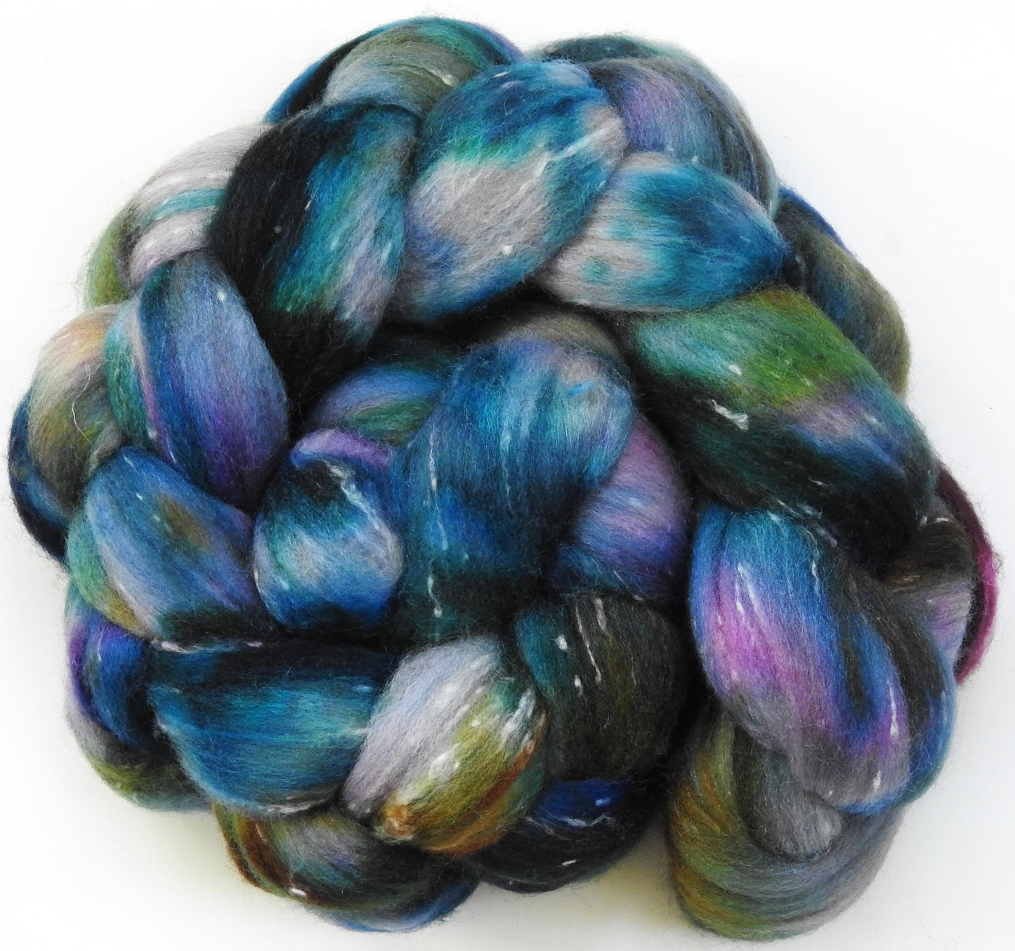 Flight of Fancy (4.5 oz) -Fusion Series- Batt in a Braid #42 - Polwarth/ Tweed Blend / Peduncle&Tussah Silk( 50/25/25)