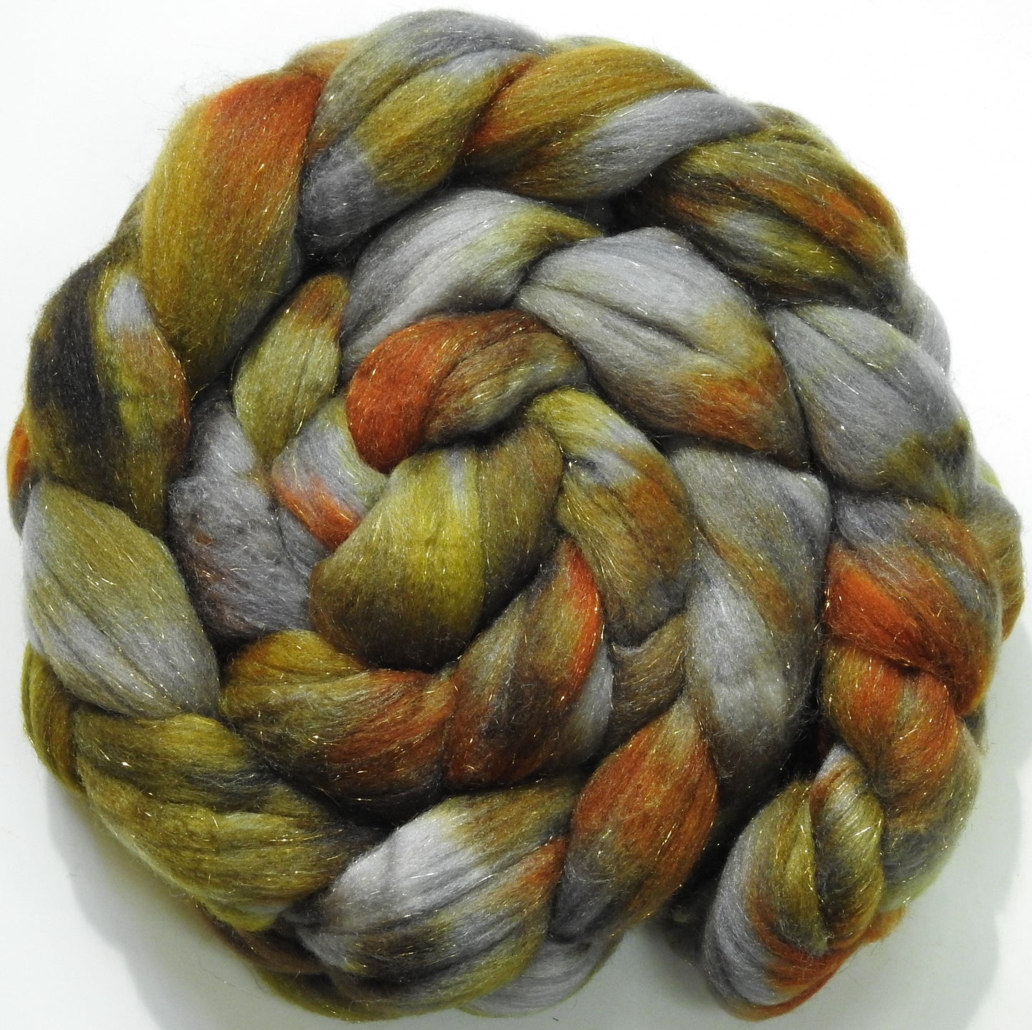 Metallurgy -(5.2 oz) Batt in a Braid #58-Superfine Merino/ Tussah silk/ Gold Stellina(65/25/10)