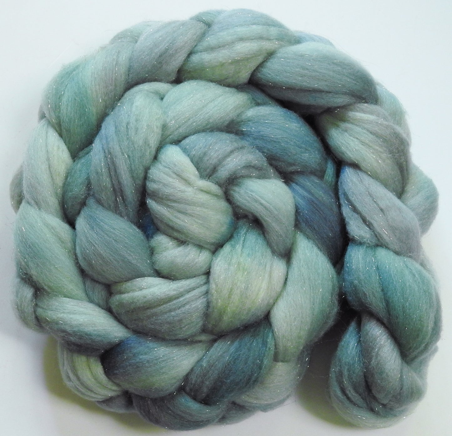 Silver Sage-(5.2 oz) Batt in a Braid #58-Superfine Merino/ Tussah silk/ Gold Stellina(65/25/10)