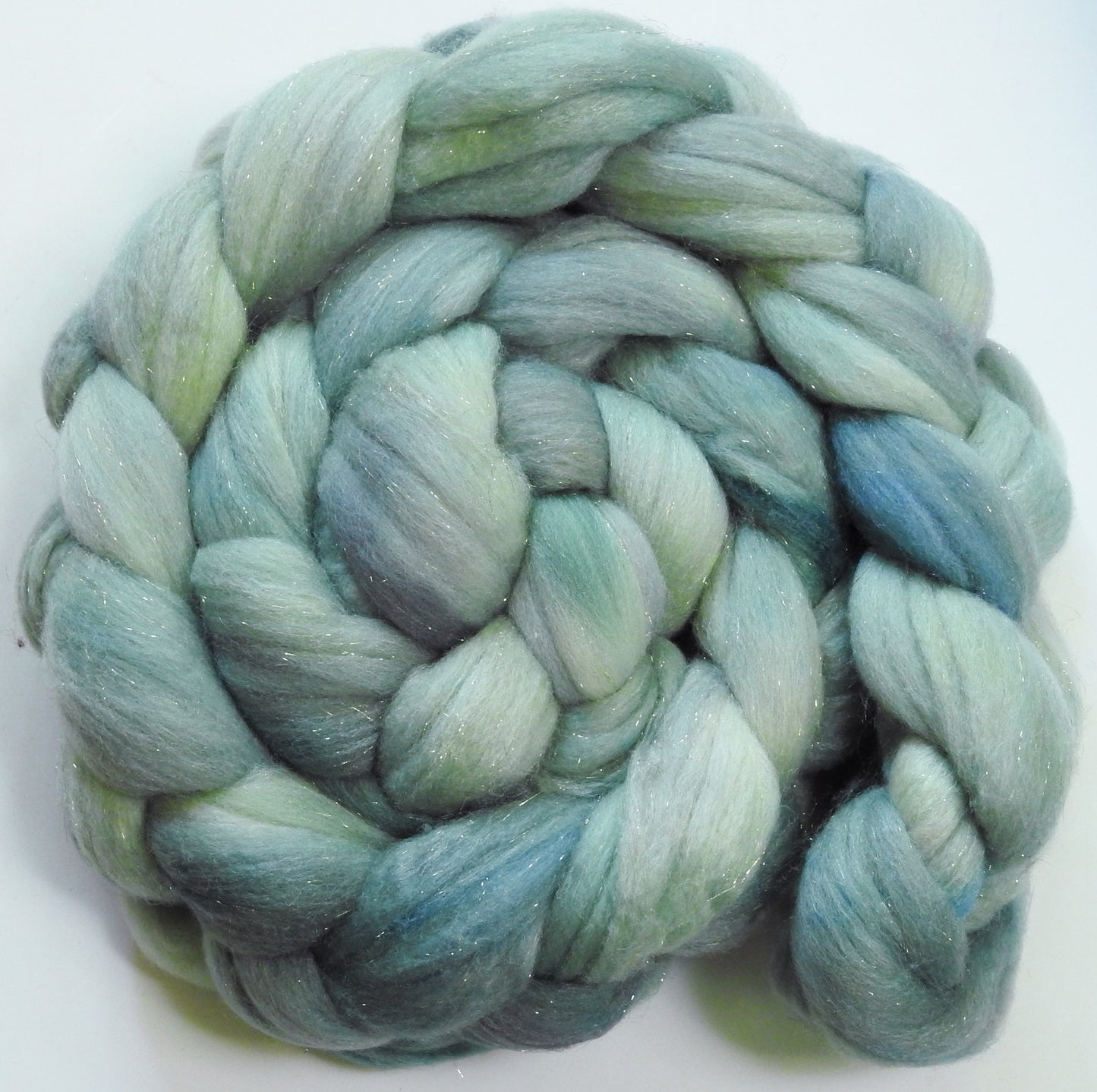 Silver Sage-(5.2 oz) Batt in a Braid #58-Superfine Merino/ Tussah silk/ Gold Stellina(65/25/10)