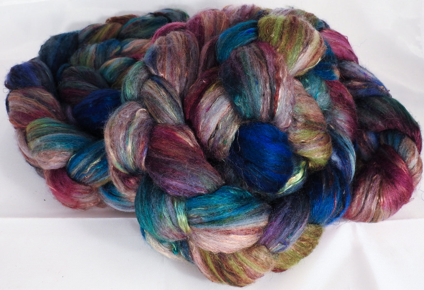 Batt in a Braid #39-SARI- 8 -(5.3 oz.)Falkland Merino/ Mulberry Silk / Sari Silk (50/25/25) - Inglenook Fibers