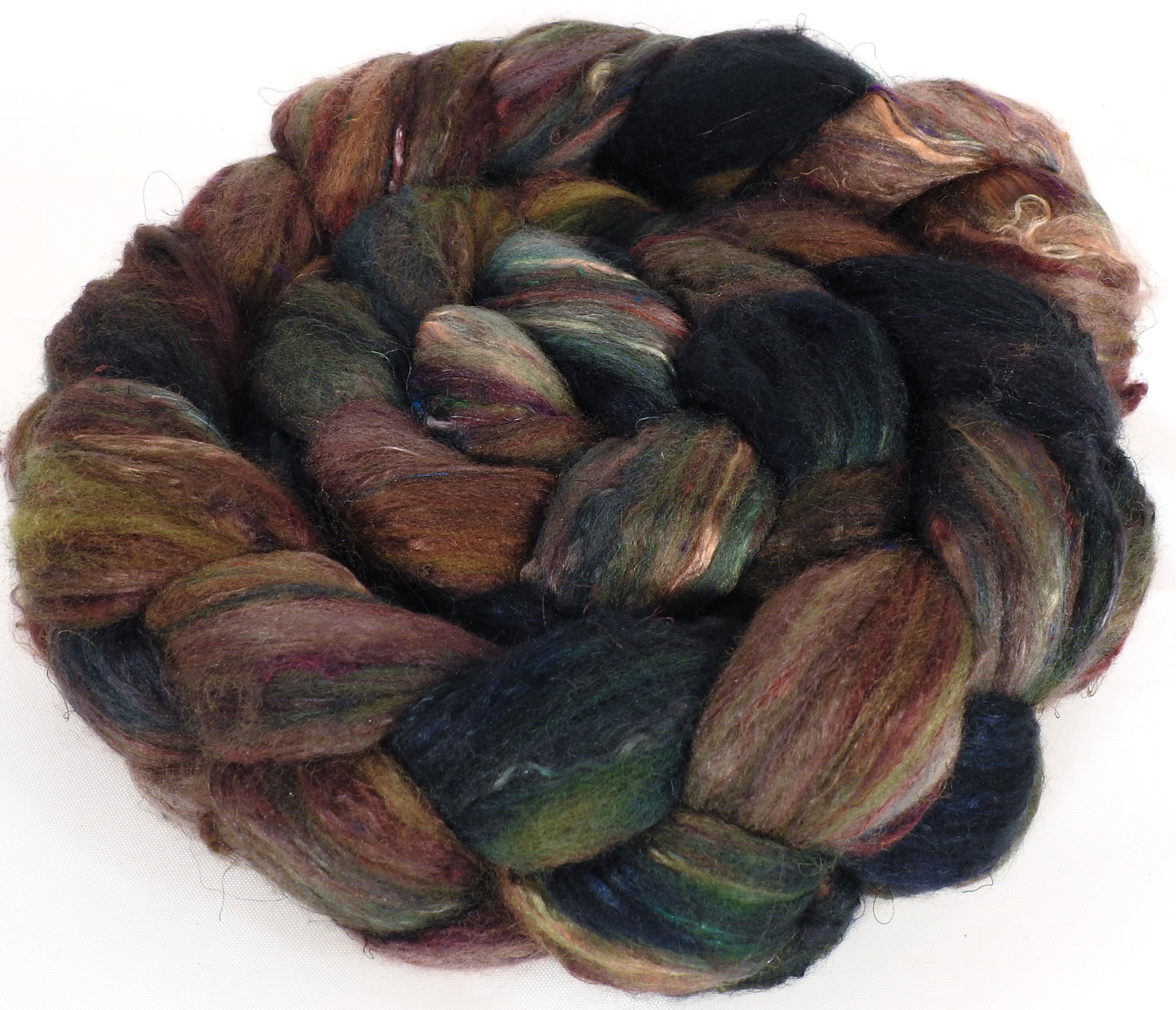 Batt in a Braid #39-SARI- 12 -(5.3 oz.)Falkland Merino/ Mulberry Silk / Sari Silk (50/25/25) - Inglenook Fibers