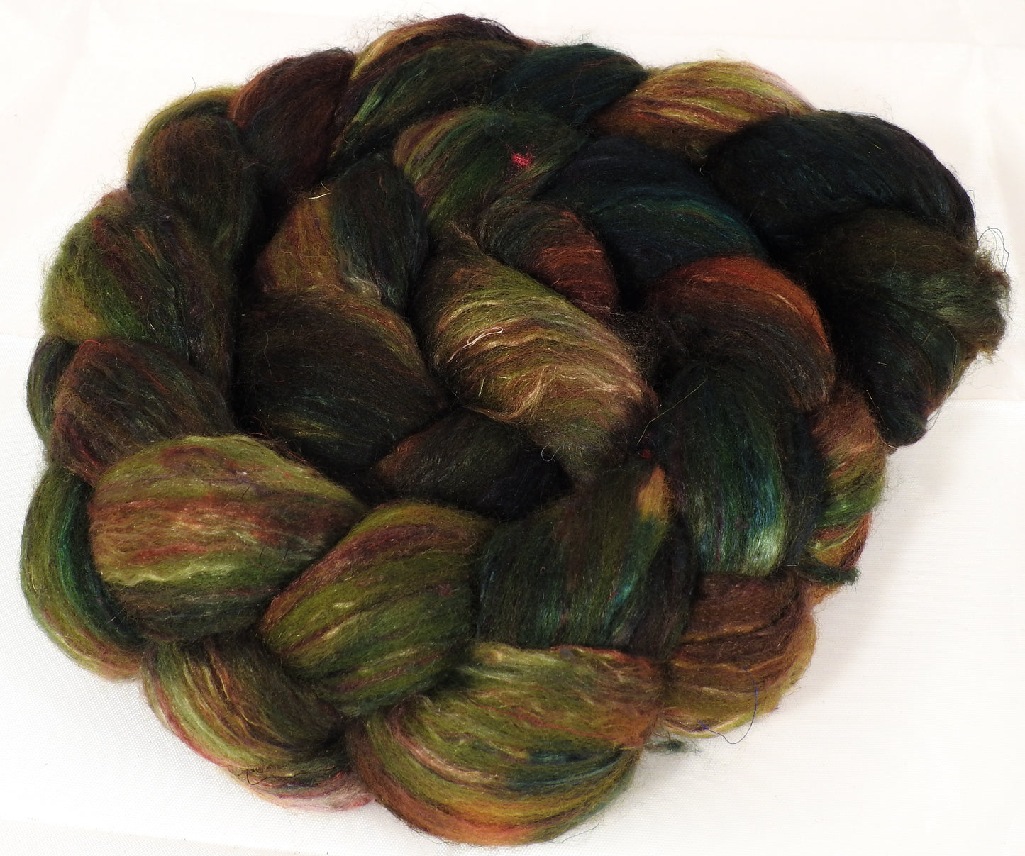 Batt in a Braid #39-SARI- 10 -(4.8 oz.)Falkland Merino/ Mulberry Silk / Sari Silk (50/25/25) - Inglenook Fibers