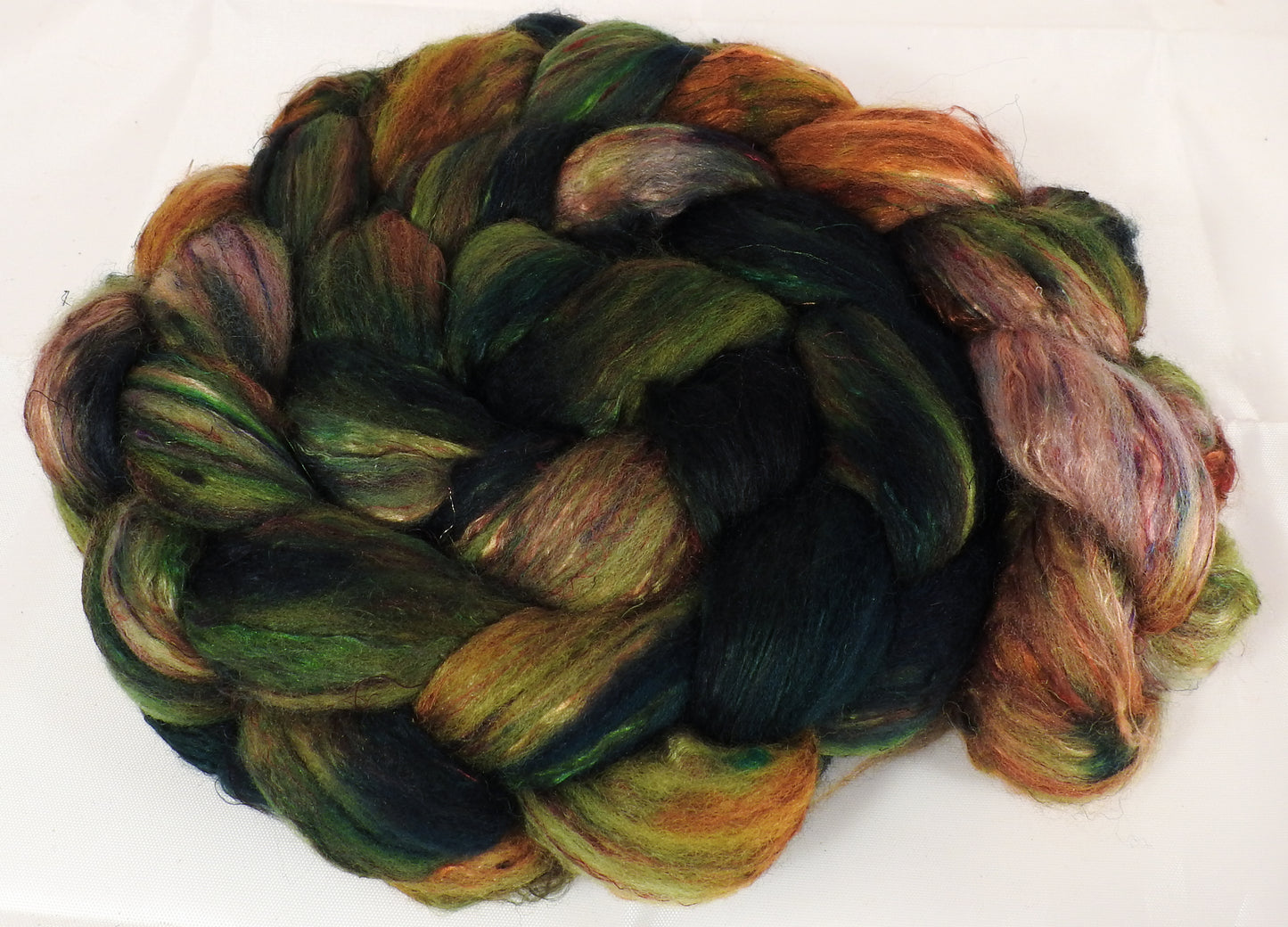 Batt in a Braid #39-SARI- 11 -(5.4 oz.)Falkland Merino/ Mulberry Silk / Sari Silk (50/25/25) - Inglenook Fibers