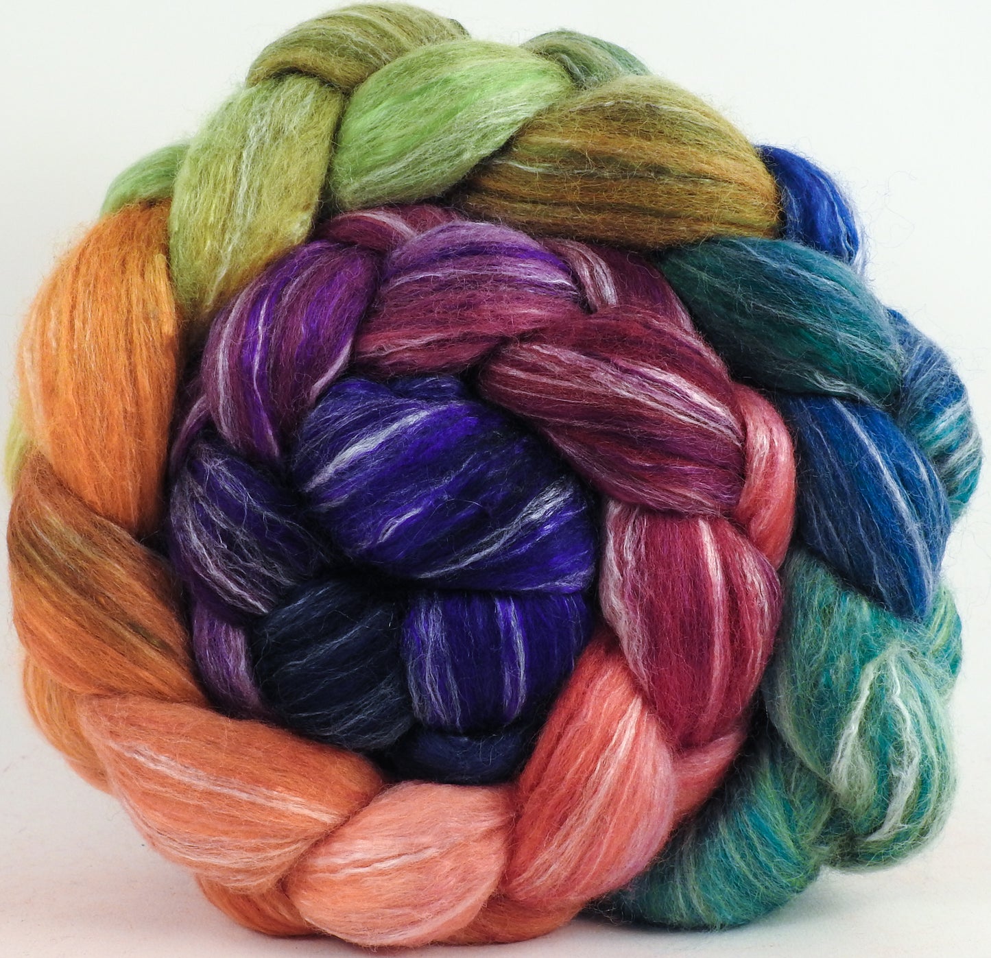 Batt in a Braid #45 -Yarn Bombing- Corriedale/Mulberry Silk/Rose Fiber (60/20/20)