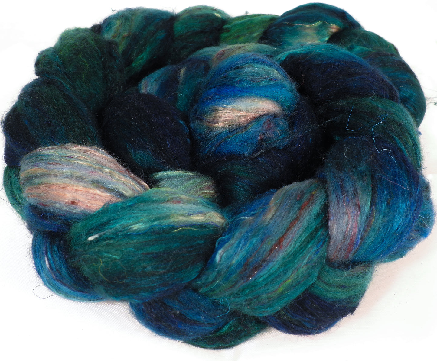 Batt in a Braid #39-SARI- 13 -(5.1 oz.)Falkland Merino/ Mulberry Silk / Sari Silk (50/25/25) - Inglenook Fibers