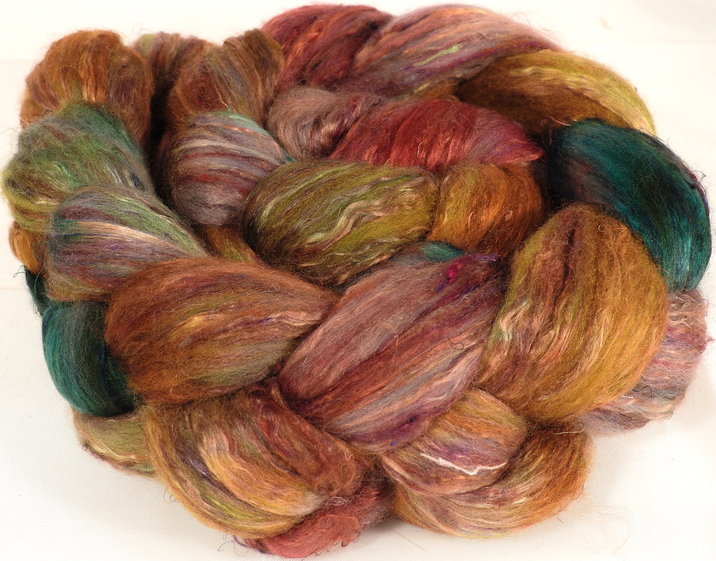 Batt in a Braid #39-SARI- 4 -(4.4 oz.)Falkland Merino/ Mulberry Silk / Sari Silk (50/25/25) - Inglenook Fibers