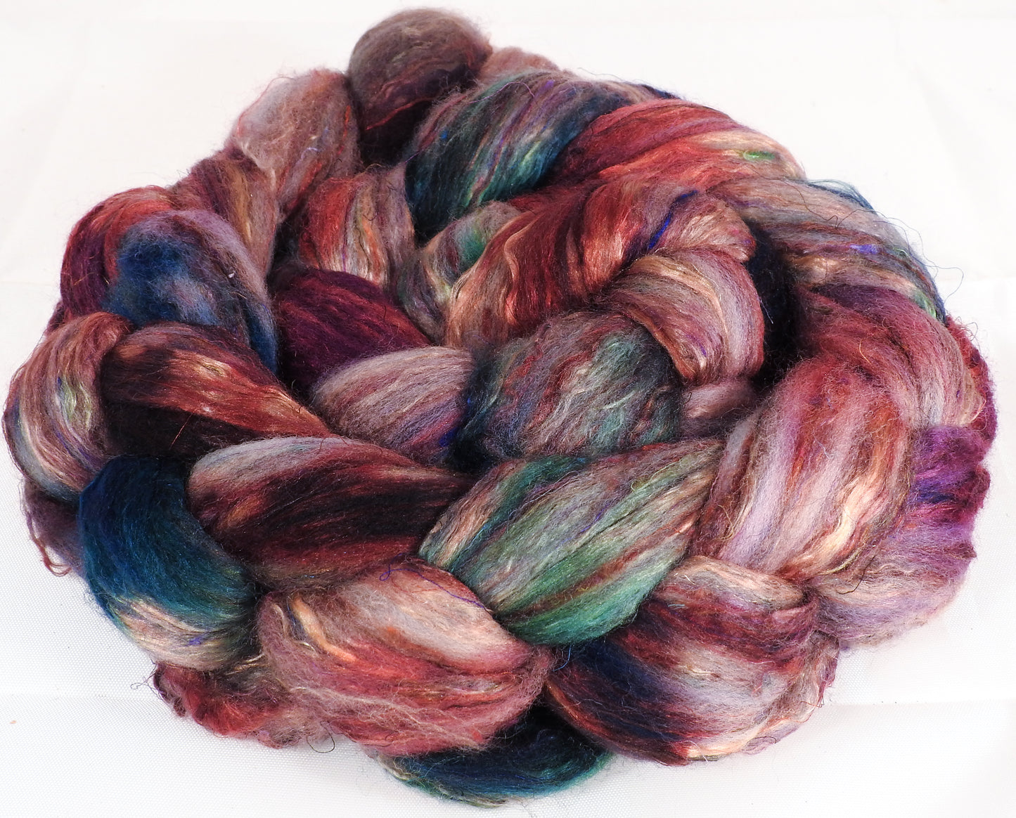 Batt in a Braid #39-SARI- 3 -(4.65 oz.)Falkland Merino/ Mulberry Silk / Sari Silk (50/25/25) - Inglenook Fibers