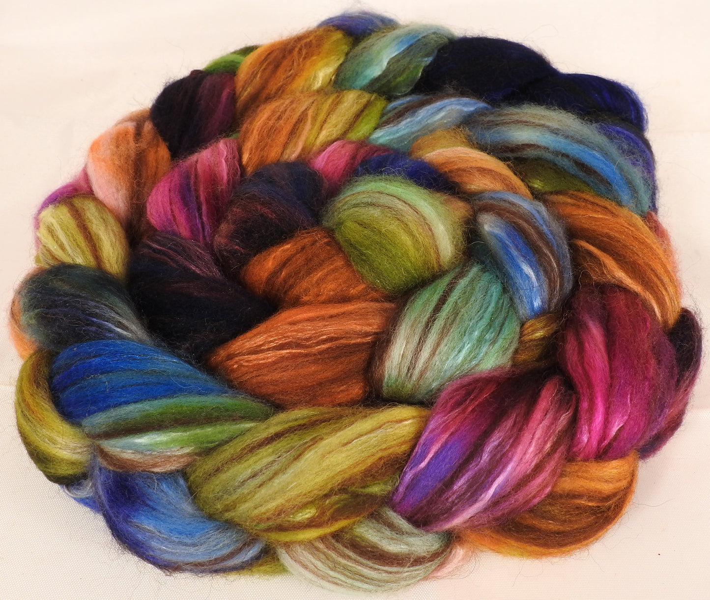 Hand dyed top for spinning -Crayon Box -(5.2 oz.) 18.5 mic merino/ camel/ brown alpaca/ mulberry silk/ (40/20/20/20) - Inglenook Fibers