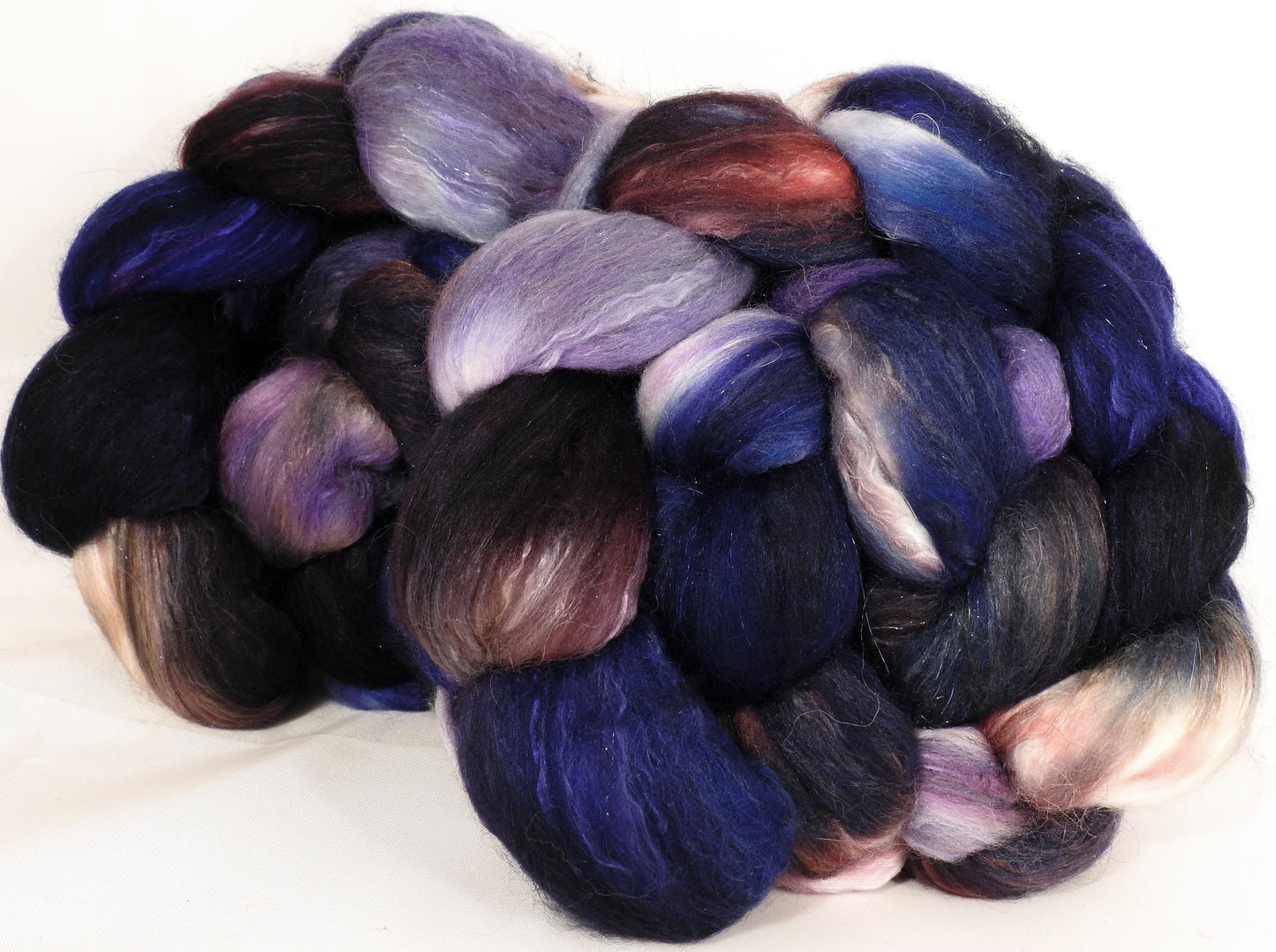 Batt in a Braid #41-New Moon-(4.5 oz.)Llama / Merino ( 18 mic.)/ Mulberry silk/ Stellina (40/30/25/5) - Inglenook Fibers