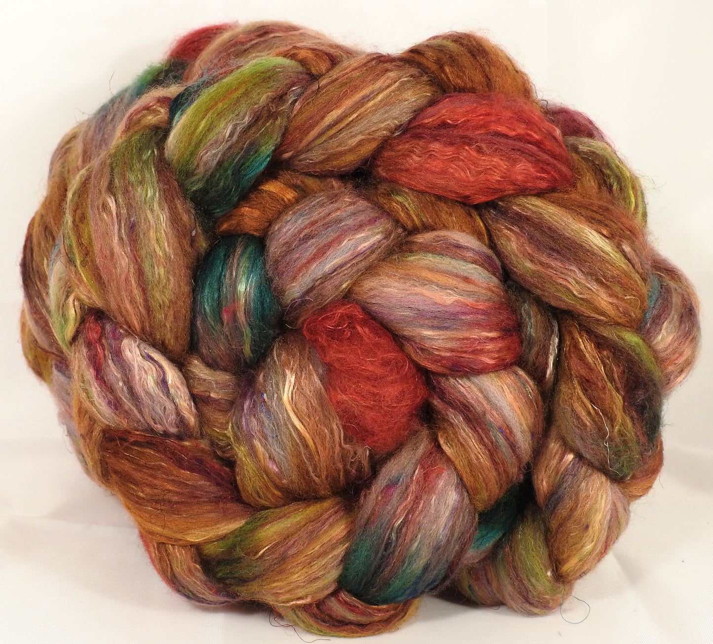 Batt in a Braid #39-SARI- 7 -Falkland Merino/ Mulberry Silk / Sari Silk (50/25/25) - Inglenook Fibers