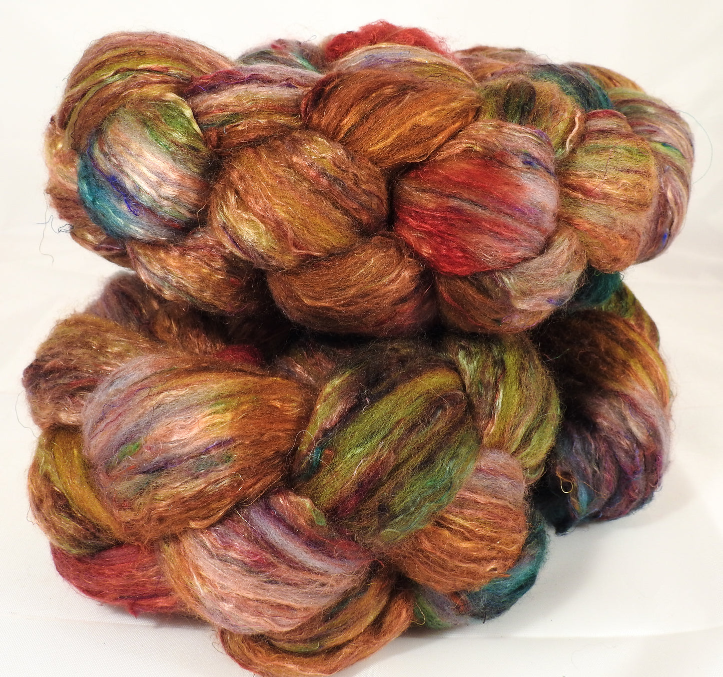 Batt in a Braid #39-SARI- 7 -Falkland Merino/ Mulberry Silk / Sari Silk (50/25/25) - Inglenook Fibers