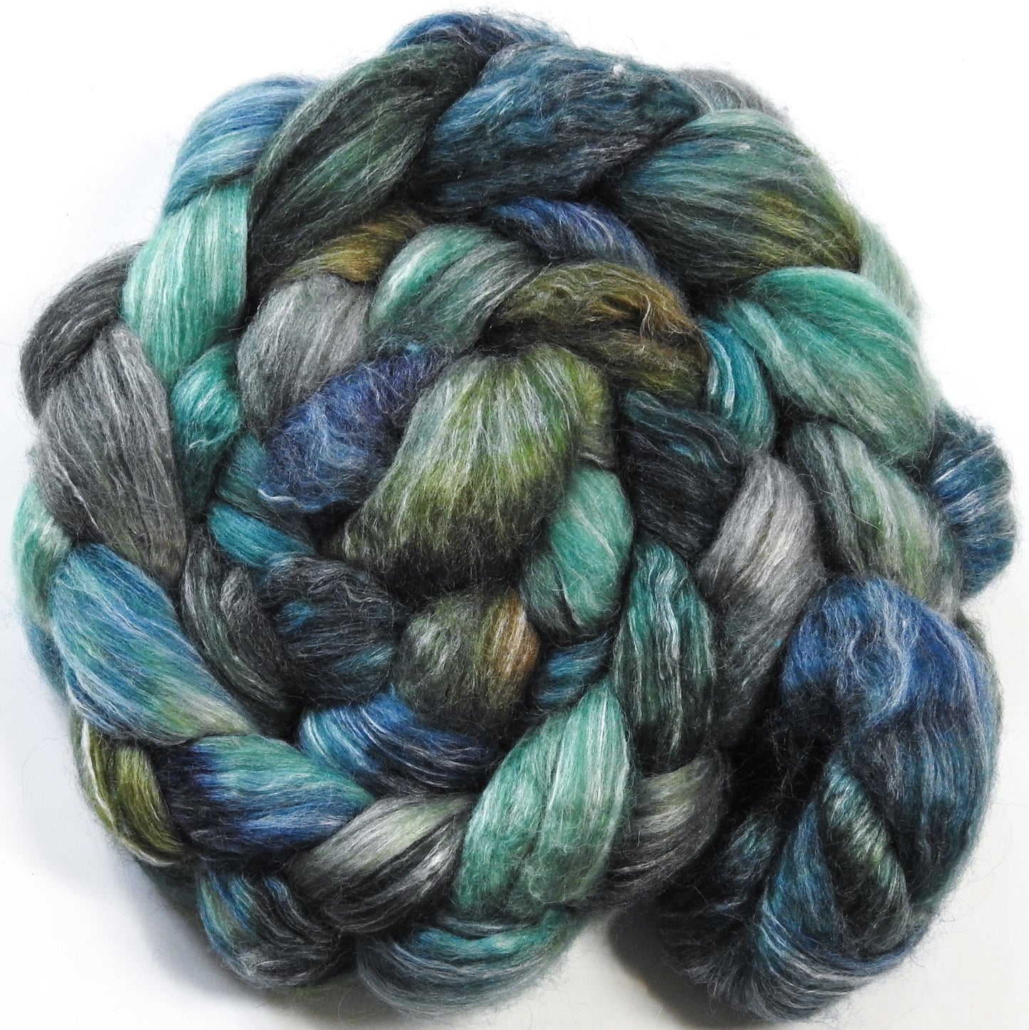 Kraken (5.6 oz) Batt in a Braid #57- Camel/Baby Alpaca/Mint fiber (50/25/25)