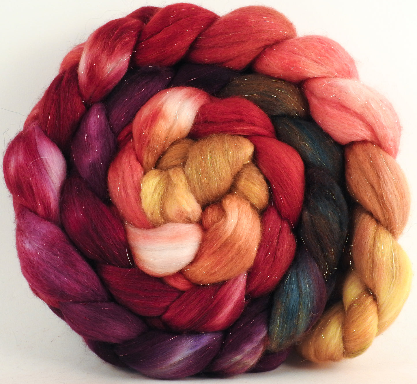 Batt in a Braid #48 -Cherry Medley -(4.3 oz.) Superfine Merino/ Mulberry silk/ Camel/ Gold Stellina (55/25/15/5)