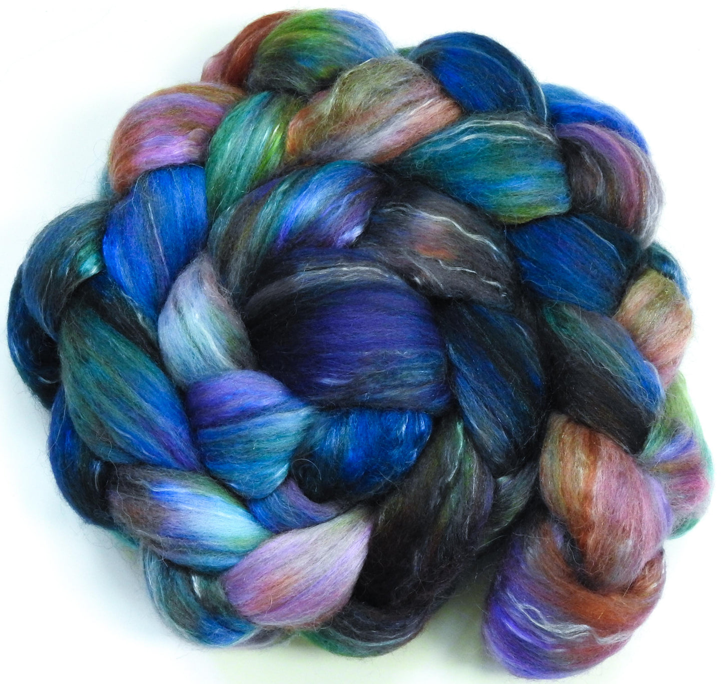 Mind Palace- Batt in a Braid #31- (5.7 oz. ) Polwarth/ Mulberry Silk / Baby Alpaca / Rainbow Firestar/ Tencel( 40/25/15/10/10)