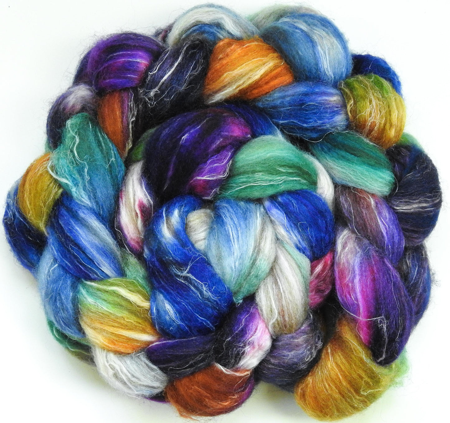 Tie Dye (5.6 oz) - Batt in a Braid #32 - Manx Loaghtan/ Wht Bfl / Tussah Silk/ Flax( 30/30/30/10)