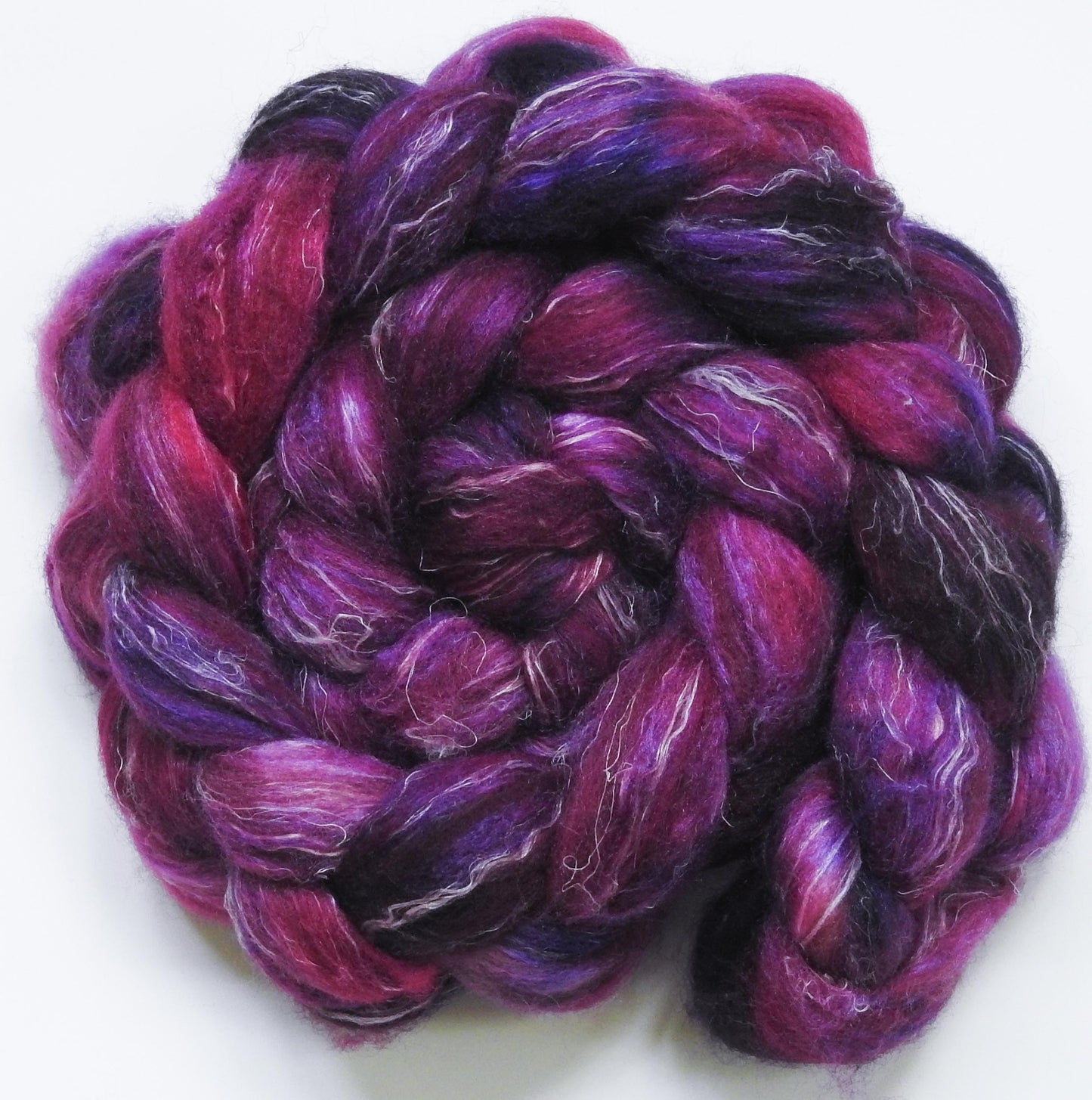 Redbud (5.6 oz)-Glazed Solid -Batt in a Braid #32- Manx Loaghtan/ Wht Bfl / Tussah Silk/ Flax( 30/30/30/10)