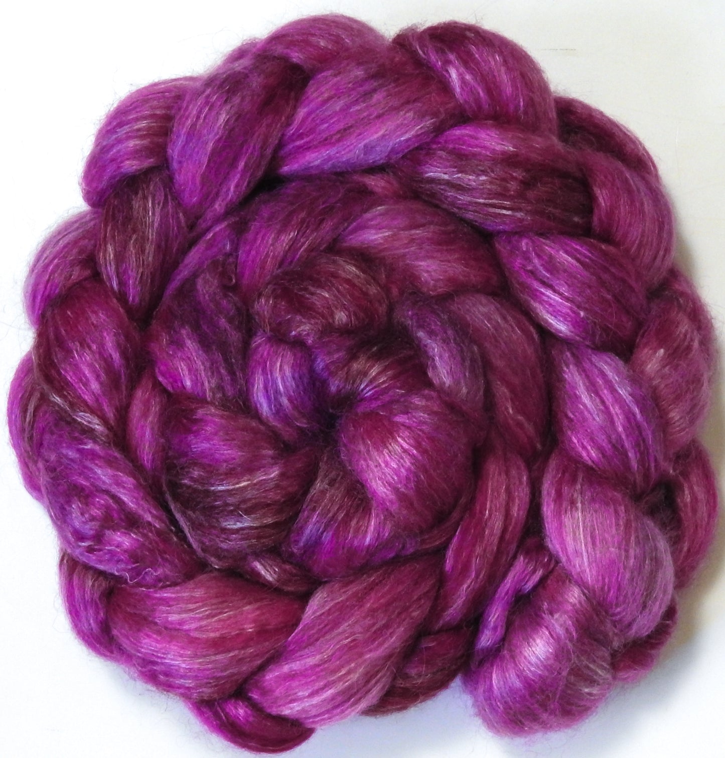 Dragonfruit (5.2 oz) Batt in a Braid #57- Camel/Baby Alpaca/Mint fiber (50/25/25)