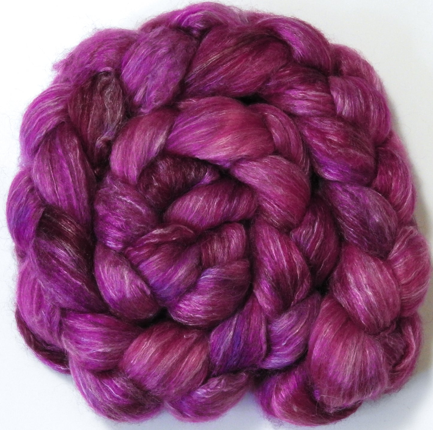 Dragonfruit (5.2 oz) Batt in a Braid #57- Camel/Baby Alpaca/Mint fiber (50/25/25)