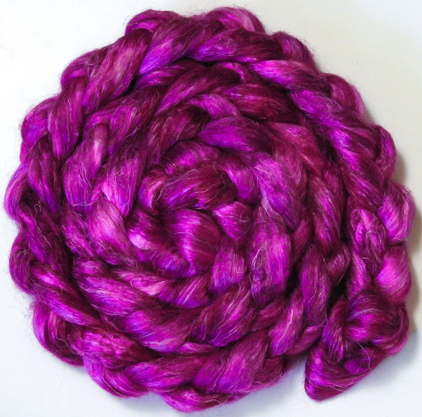 Dragonfruit-(5.1 oz.)Hand dyed Tussah Silk / flax roving - (65/35)