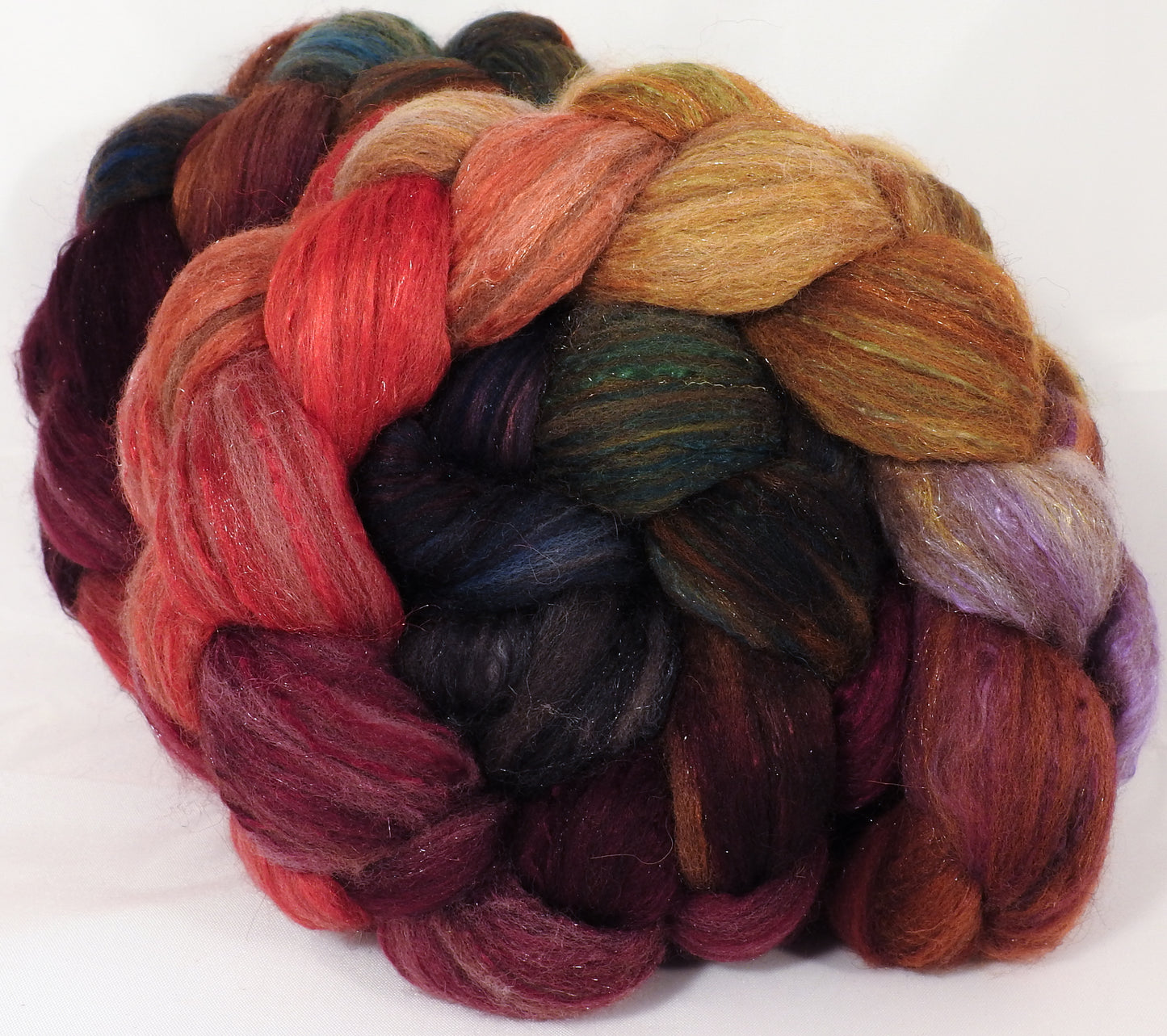 Batt in a Braid #7 -Poinsettia- Polwarth/ Manx / Mulberry silk/ Firestar (30/30/30/10) - Inglenook Fibers