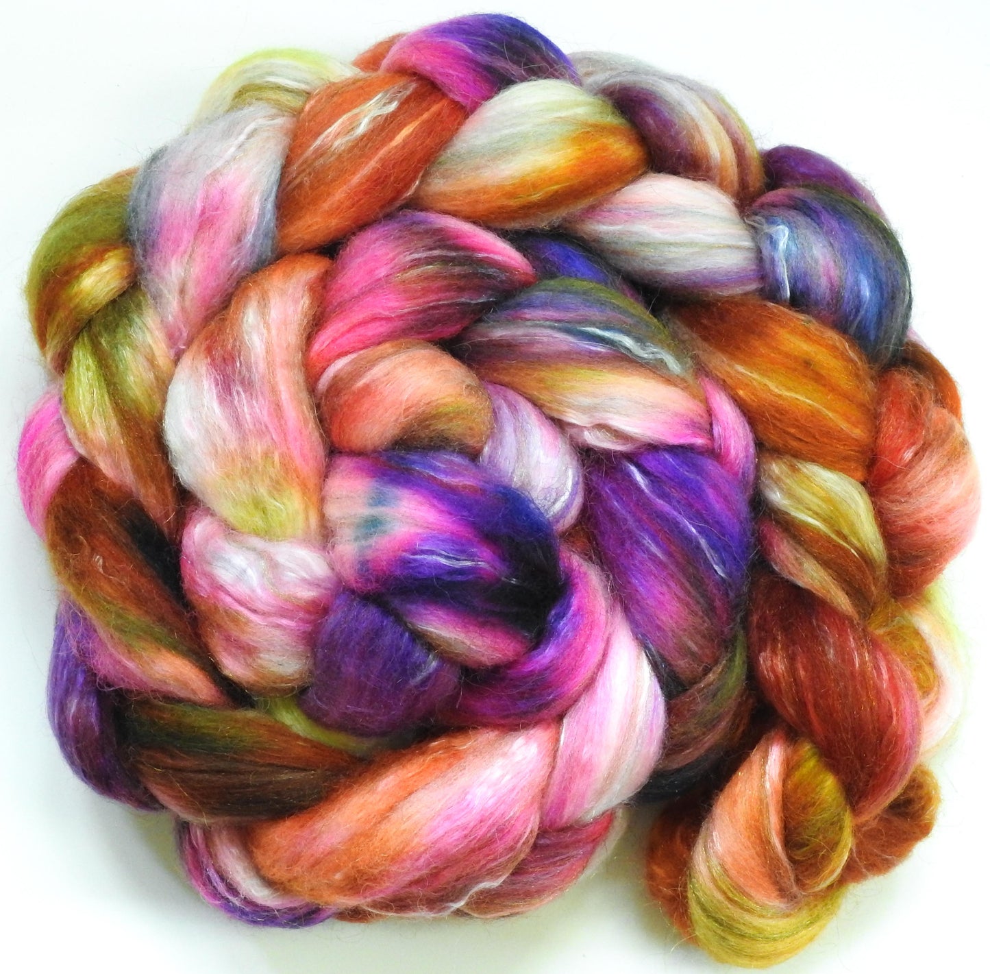 Sunbonnet- Fusion Series- Batt in a Braid #31- ( 5.8 oz. ) - Polwarth/ Mulberry Silk / Baby Alpaca / Rainbow Firestar/ Tencel( 40/25/15/10/10)