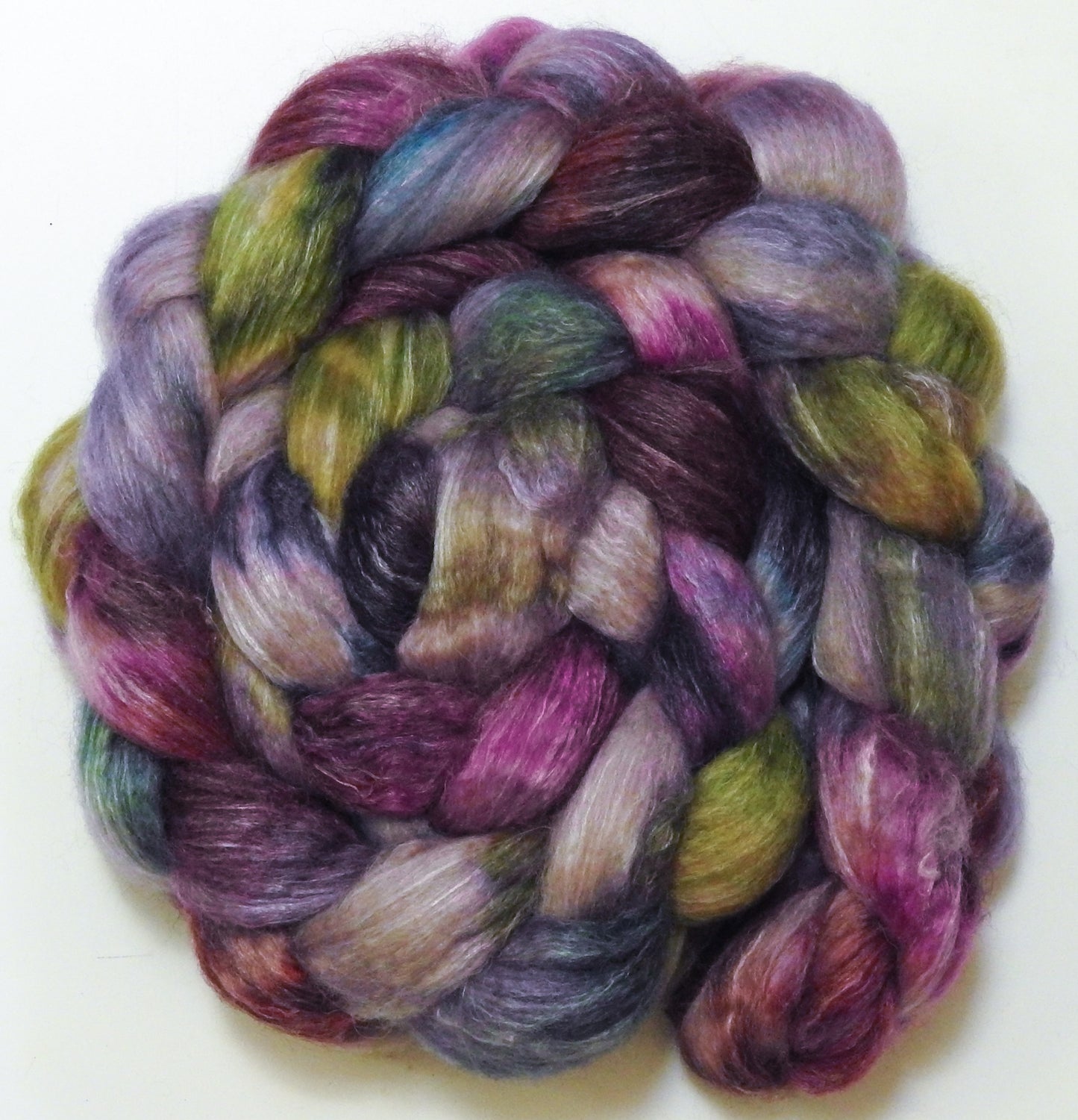 Sea Holly (5.6 oz) Batt in a Braid #57- Camel/Baby Alpaca/Mint fiber (50/25/25)