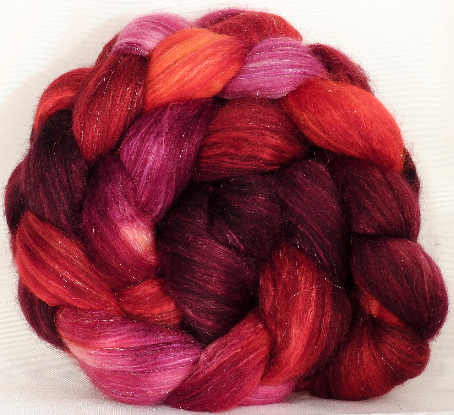 Batt in a Braid #41-Maraschino Cherry-(5.2 oz.)Llama / Merino ( 18 mic.)/ Mulberry silk/ Stellina (40/30/25/5) - Inglenook Fibers
