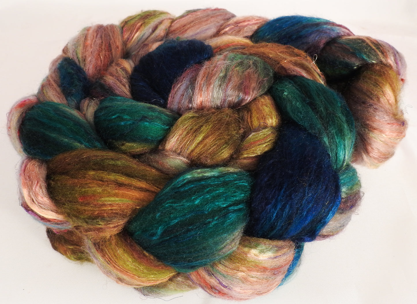 Batt in a Braid #39-SARI- 14 -(5.1 oz.)Falkland Merino/ Mulberry Silk / Sari Silk (50/25/25) - Inglenook Fibers