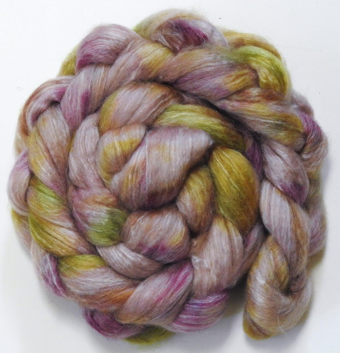 Honeysuckle (5.5 oz) Batt in a Braid #57- Camel/Baby Alpaca/Mint fiber (50/25/25)