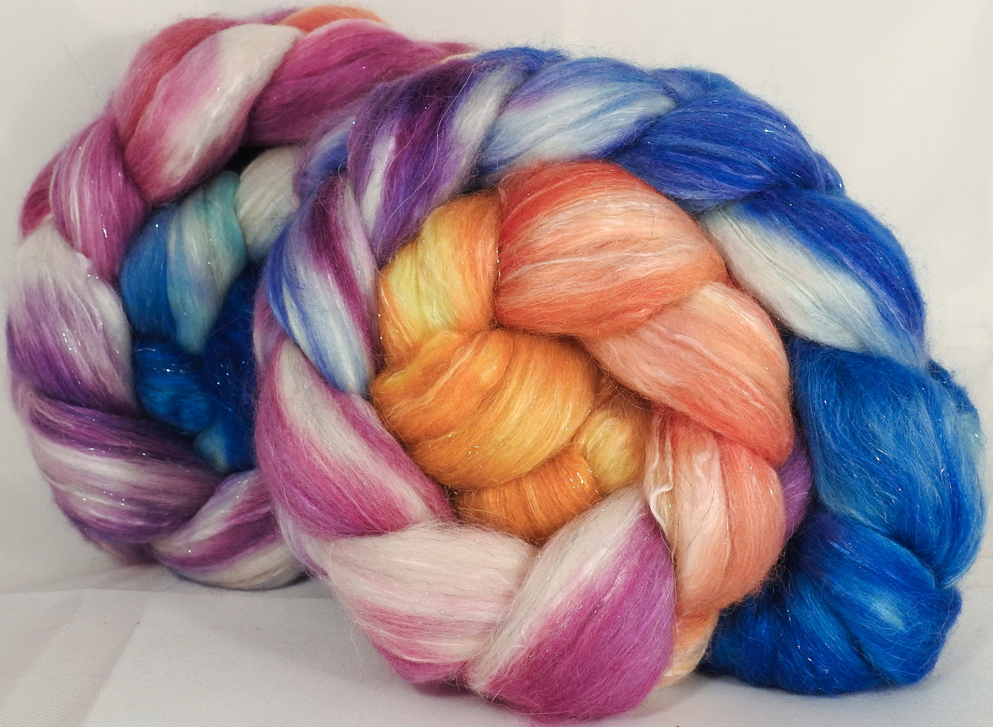 Batt in a Braid #41- New Beginnings - Llama / Merino ( 18 mic.)/ Mulberry silk/ Stellina (40/30/25/5) - Inglenook Fibers