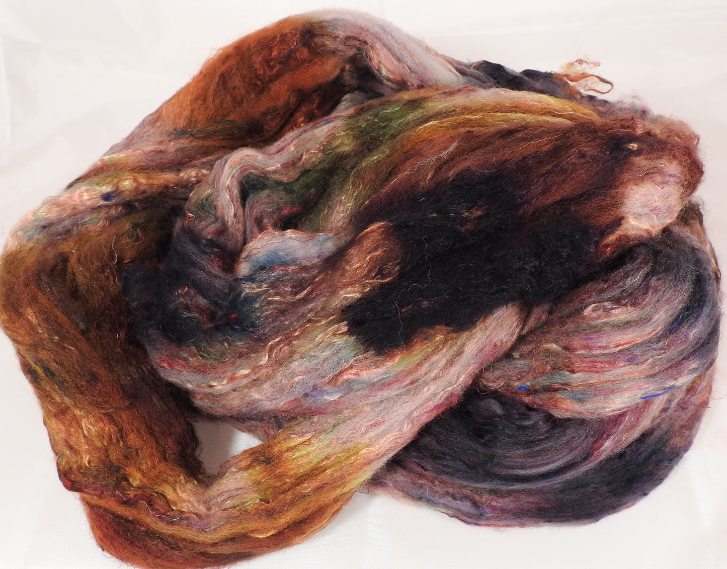 Batt in a Braid #39-SARI-22-Falkland Merino/ Mulberry Silk / Sari Silk (50/25/25) - Inglenook Fibers