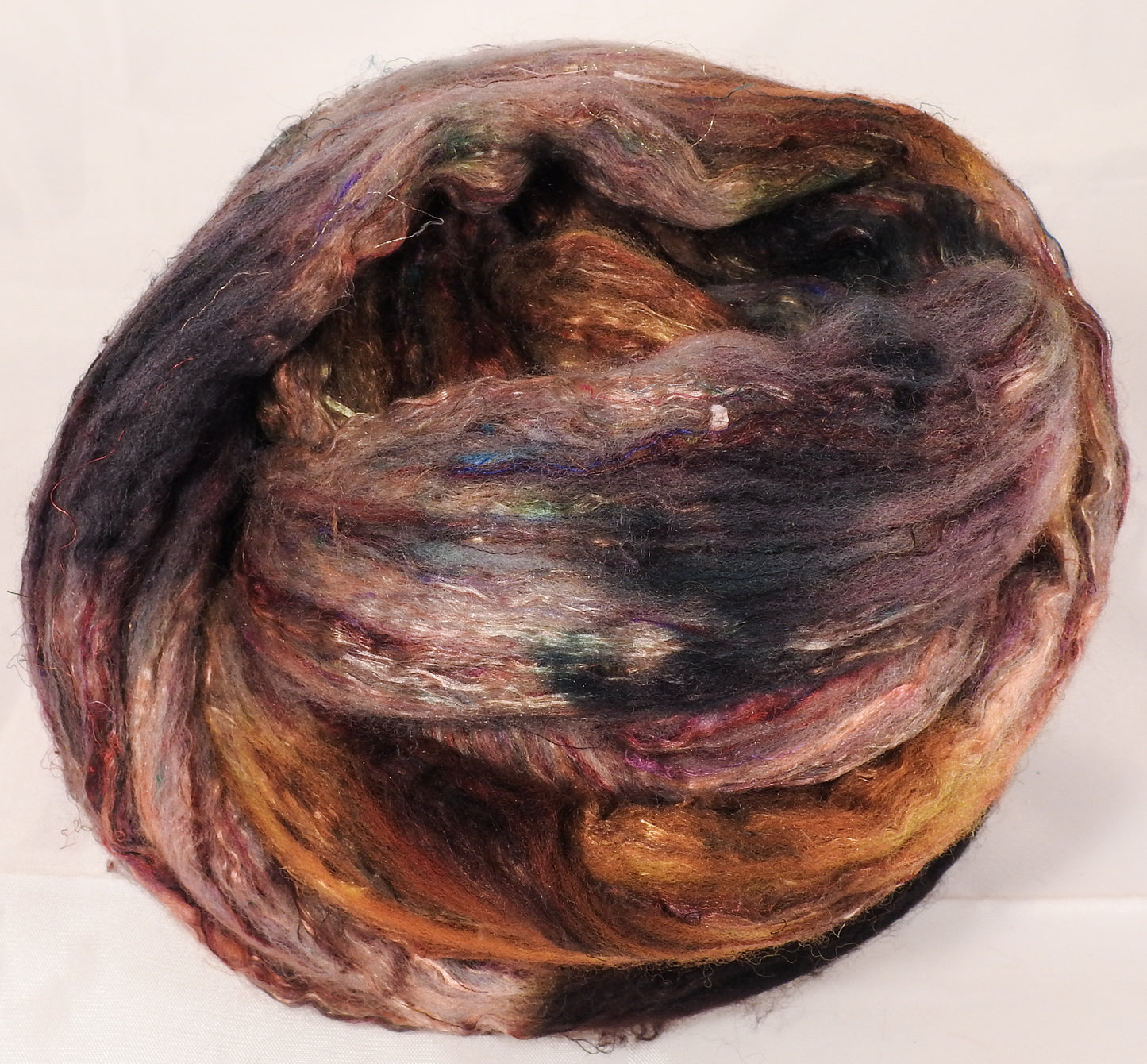 Batt in a Braid #39-SARI-22-Falkland Merino/ Mulberry Silk / Sari Silk (50/25/25) - Inglenook Fibers