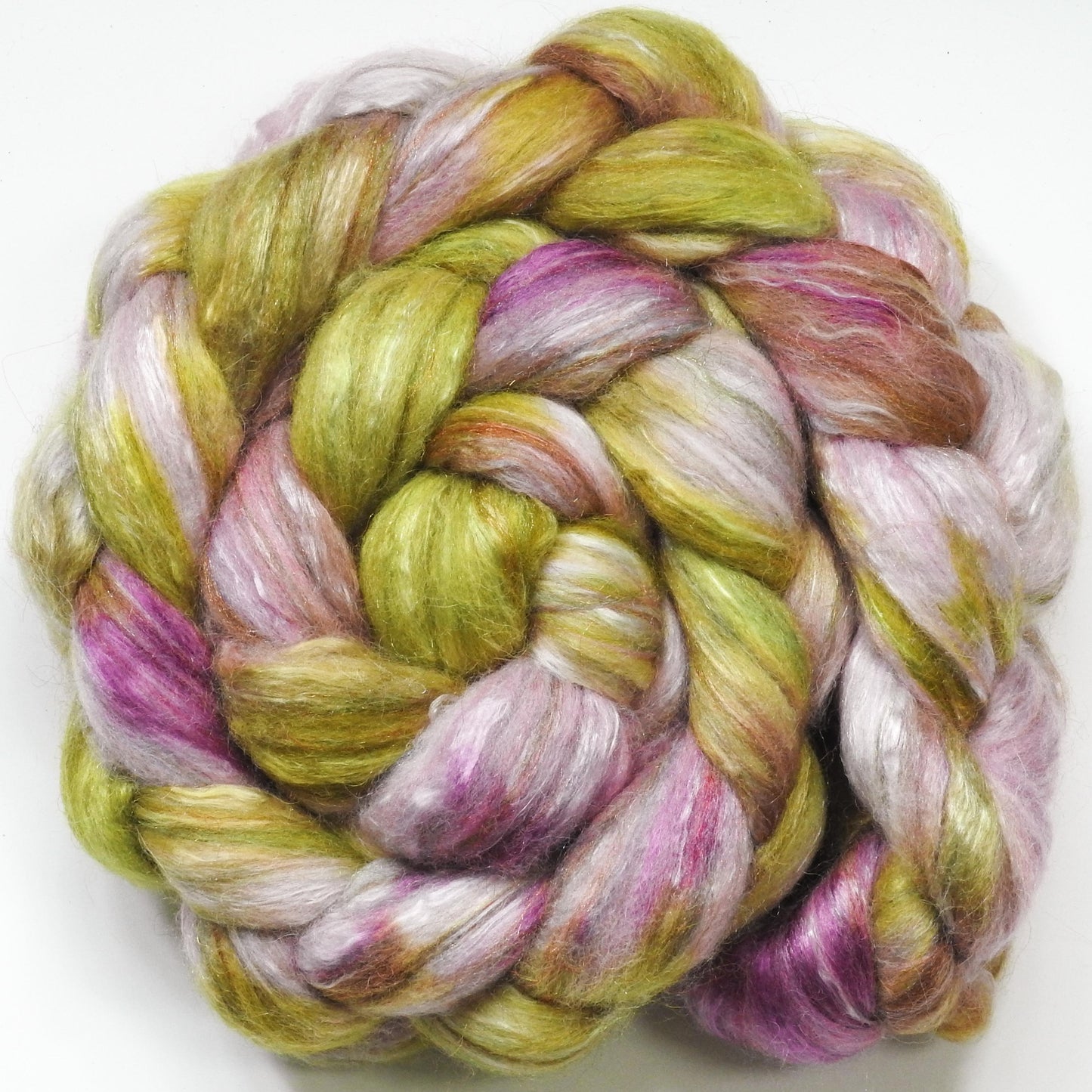 Honeysuckle (5.8 oz.) -Glazed Solid -Batt in a Braid #31- Polwarth/ Mulberry Silk / Baby Alpaca / Rainbow Firestar/ Tencel( 40/25/15/10/10)