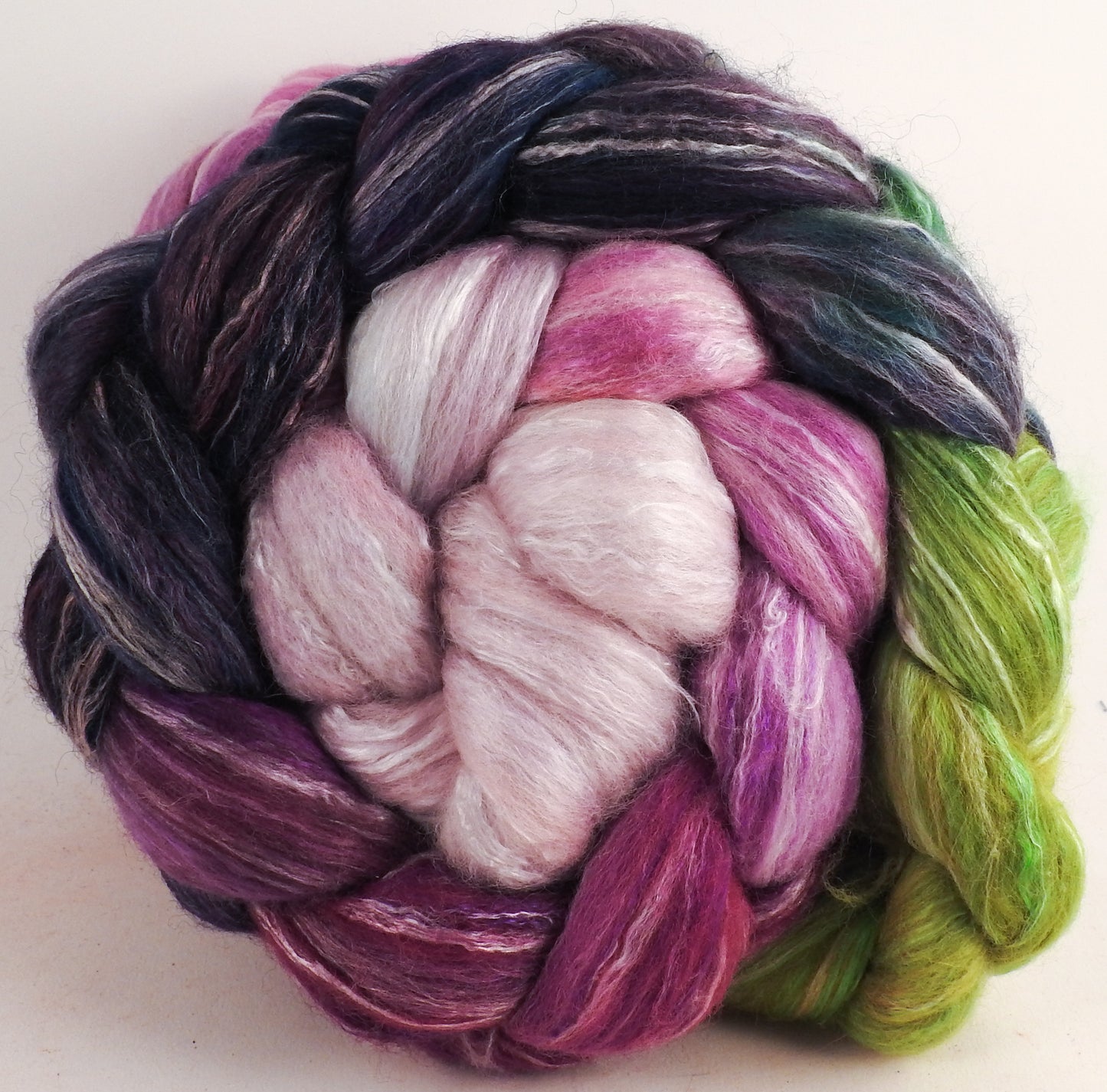 Batt in a Braid #45 -Peach Blossom (6.2 oz.) - Corriedale/Mulberry Silk/Rose Fiber (60/20/20)