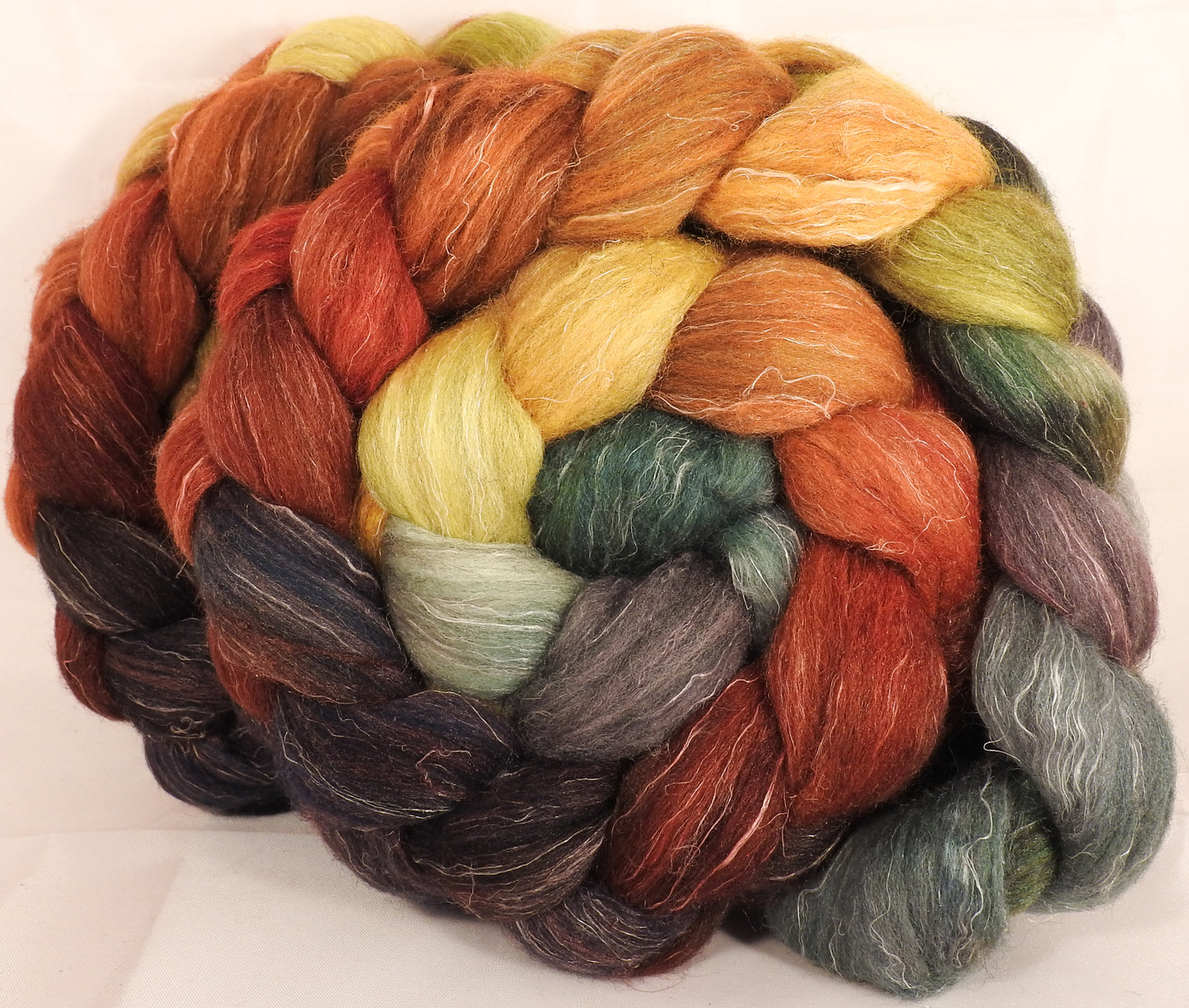 Batt in a Braid #38 -Gourds (5.4 oz.)Shetland/ Falkland Merino / tussah silk/ flax (40/25/25/10) - Inglenook Fibers