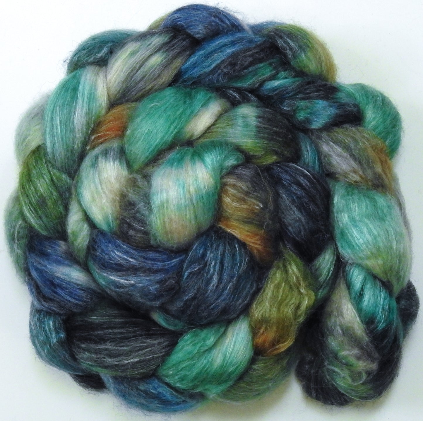 Kraken (5.2 oz) Batt in a Braid #57- Camel/Baby Alpaca/Mint fiber (50/25/25)