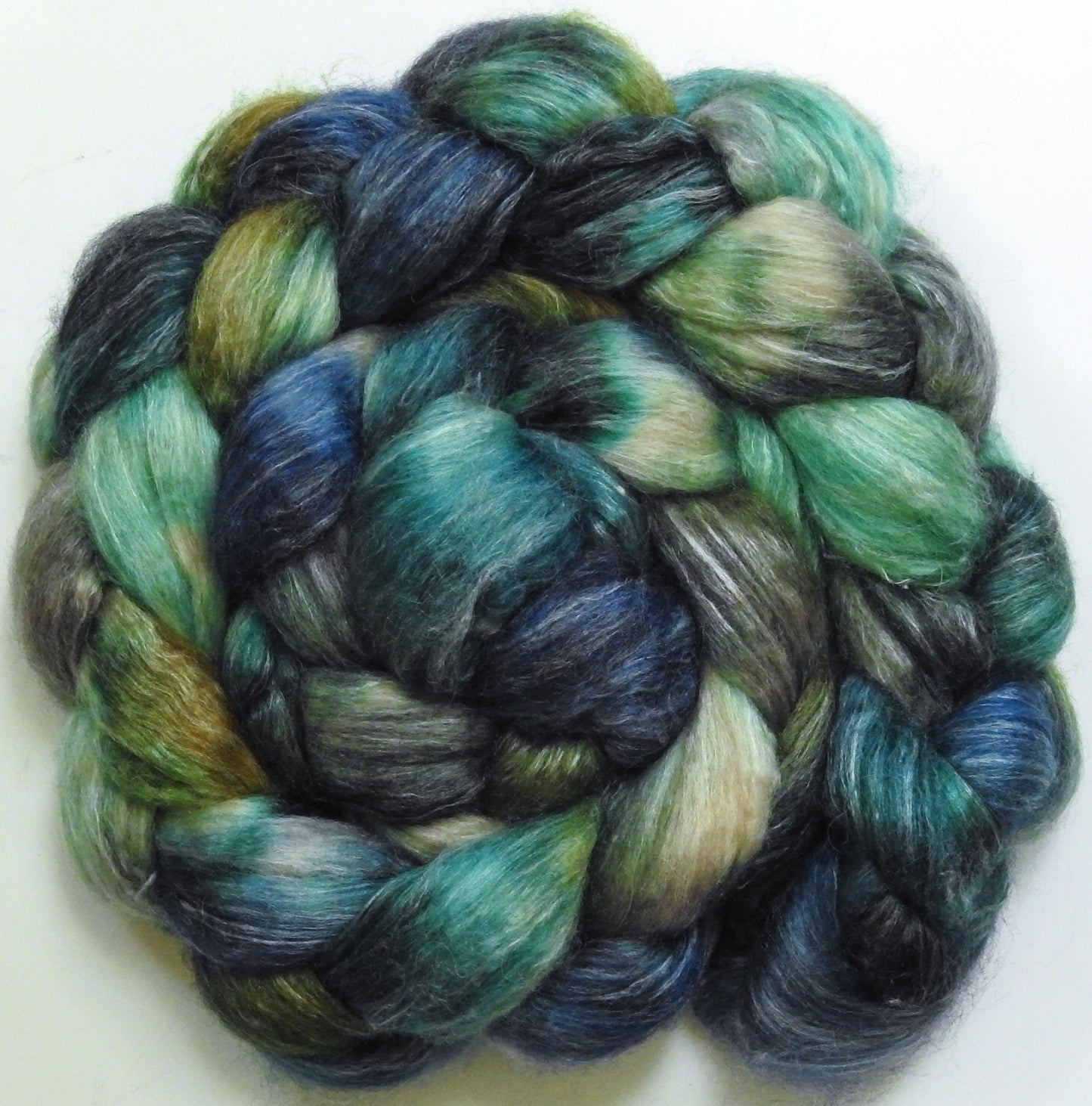 Kraken (5.2 oz) Batt in a Braid #57- Camel/Baby Alpaca/Mint fiber (50/25/25)